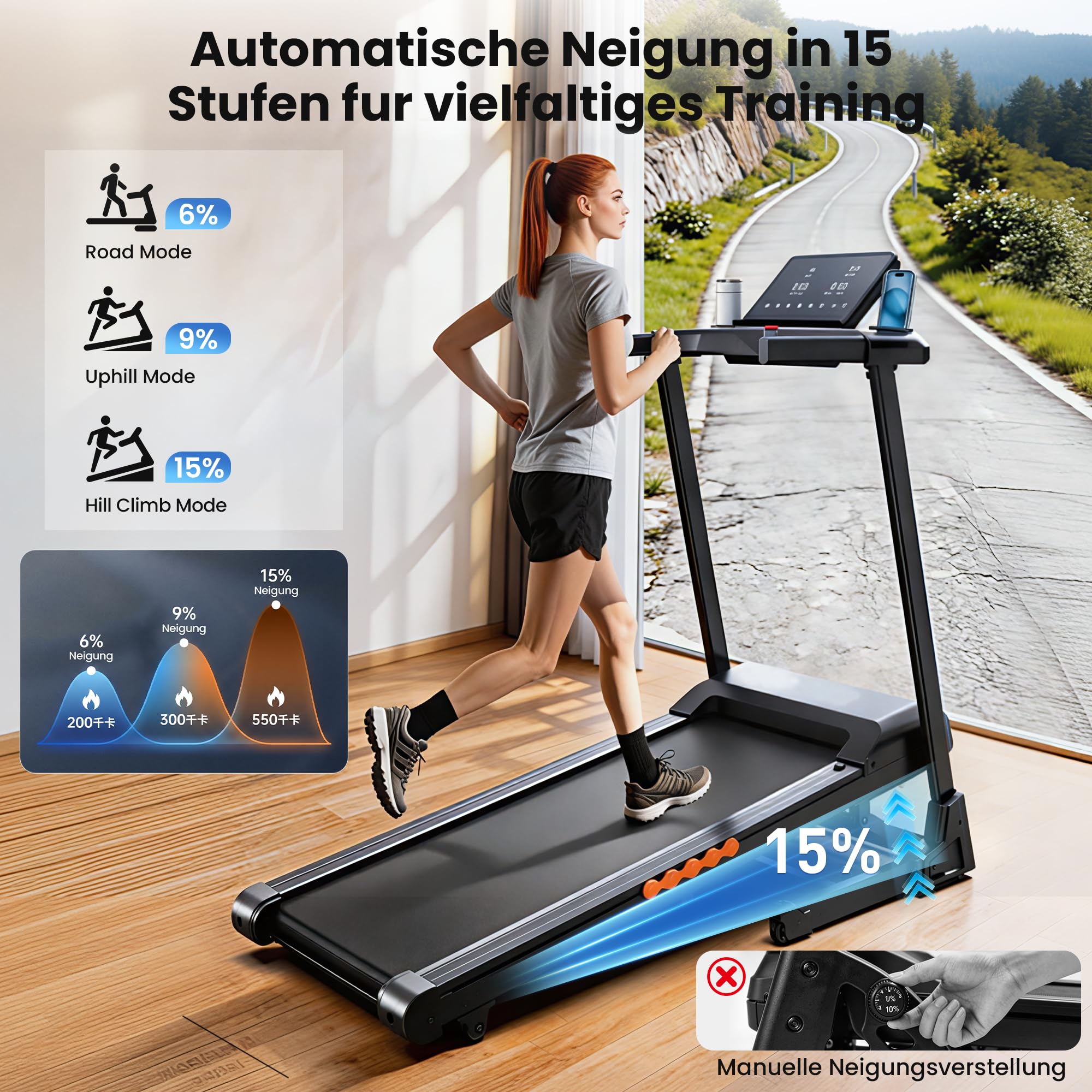 Laufband Klappbar mit 15% Auto-Steigung für intensives Workout