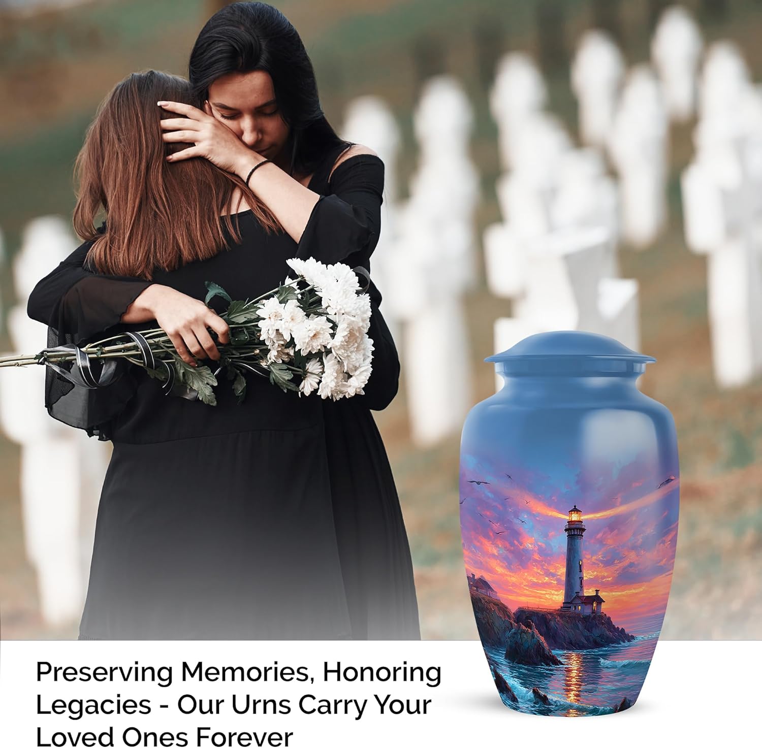 Lighthouse Cremation Urns for Human Ashes, Funeral Urn for Ash, Memorial Gift for Male & Female, Medium, Blue, 6 Inch