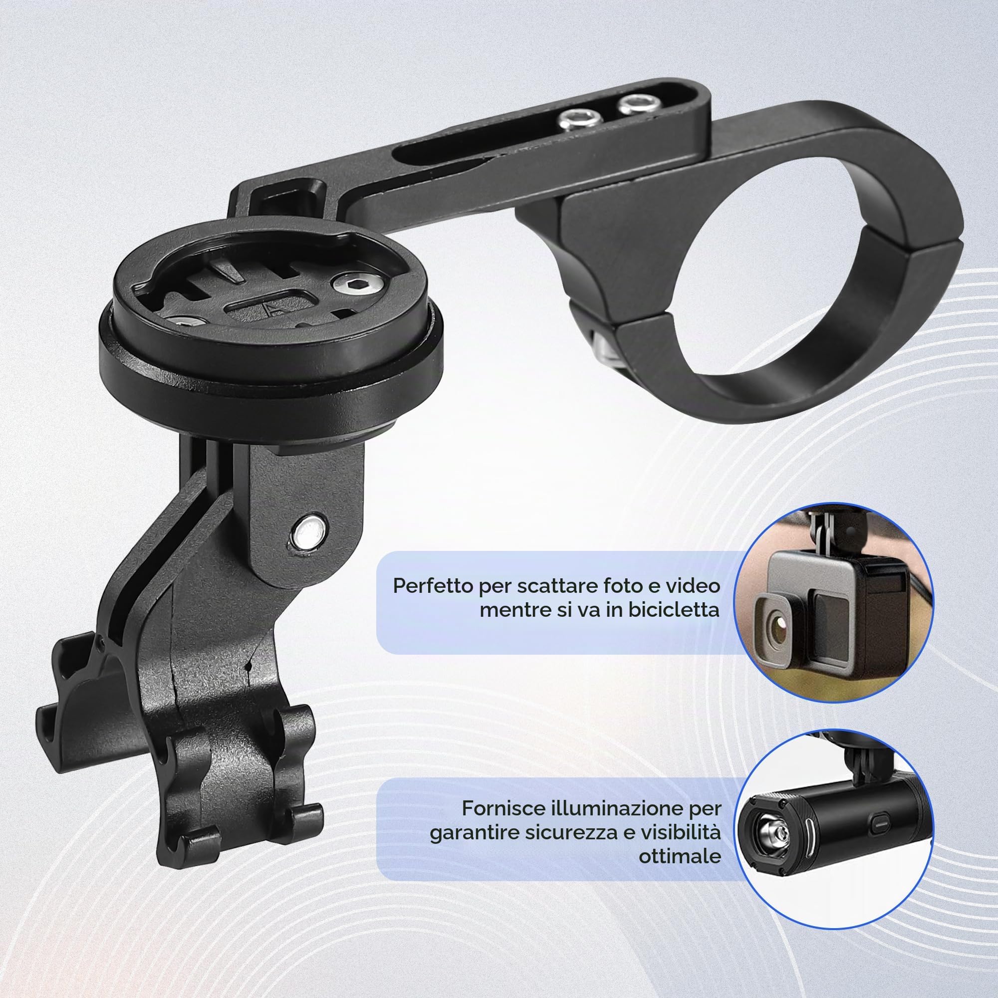 Supporto per Bicicletta Anteriore Compatibile con Garmin e Bryton, Supporto per Ciclocomputer da Bicicletta con Porta Luci Regolabile, Staffa Manubrio per Manubri di Dimensioni 20-40 mm, Nero