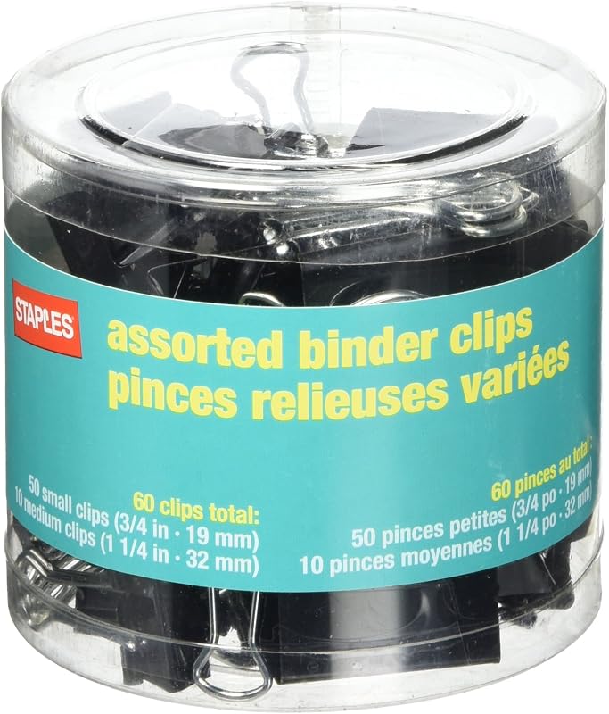 STPL Clips para carpetas de grapas, tamaños surtidos, negro, paquete de 60