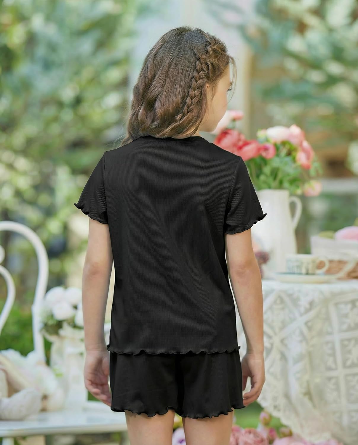 Arshiner Girls Shorts Set 2‑Piece Ribbed Knit Summer Outfit Short Sleeve Top & Elastic Waist Shorts Casual Playwear - Image 4