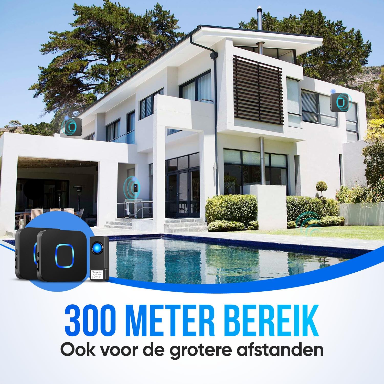 Image showing a large house with a pool, emphasizing the 300-meter range of the Strex wireless doorbell system, suitable for larger properties.