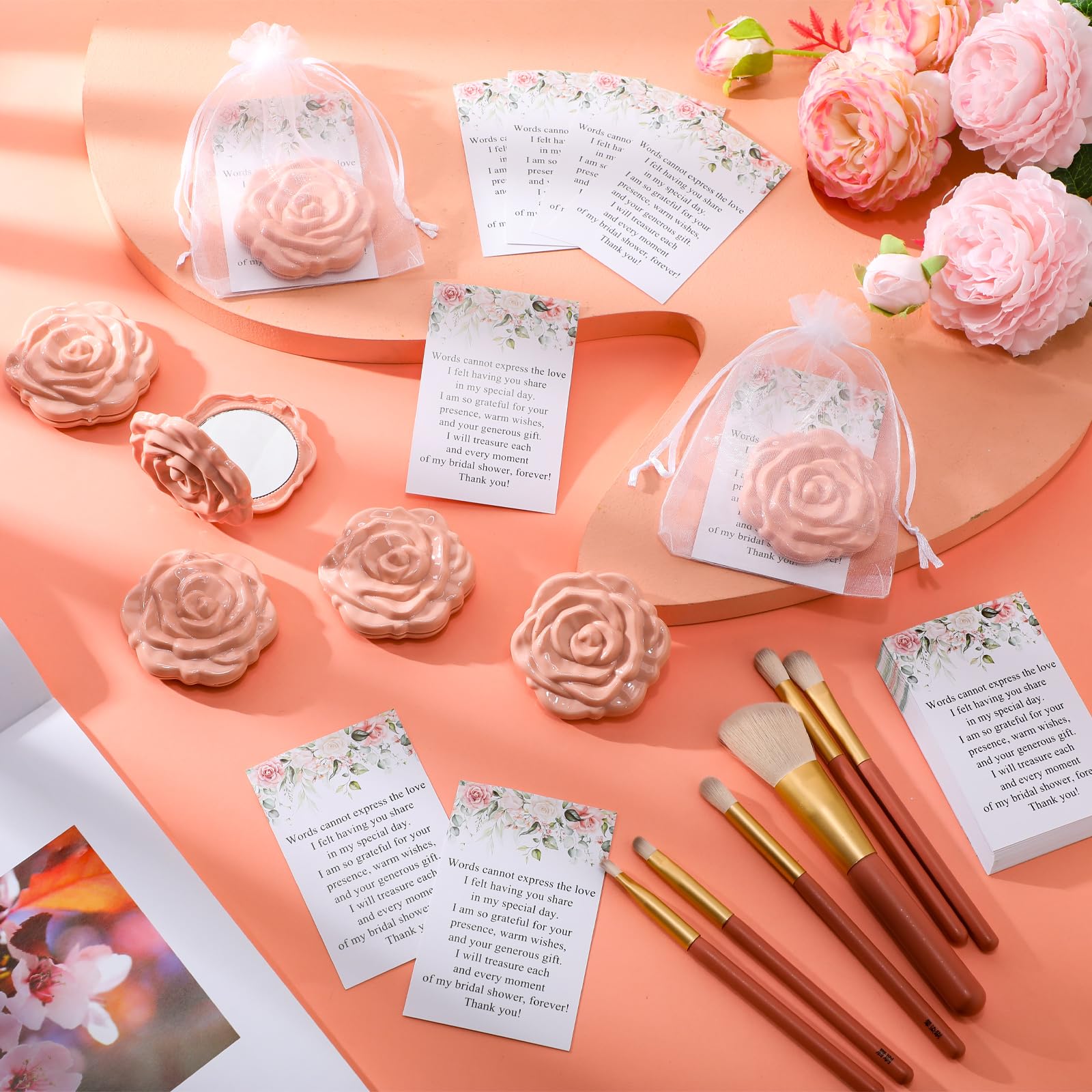 FoldTier 30 Sets Brautparty-Gastgeschenke für Gäste, kleine Rose, Kompaktspiegel, Großpackung, Hochzeitsgeschenke, Dankeskarten und Organza-Beutel, Hochzeitsfeier, Gäste, Souvenir, Geschenk (rosa