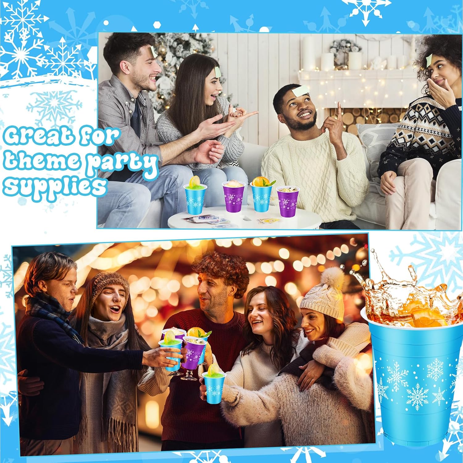 Jingmore 60 Pieces Snowflakes Frozen Plastic Cups 16oz Disposable Winter Snowflake Beverage Drinking Cups for Birthday Baby Shower Holiday Coffee Beer Party Favors(Snowflake,Blue, Purple)