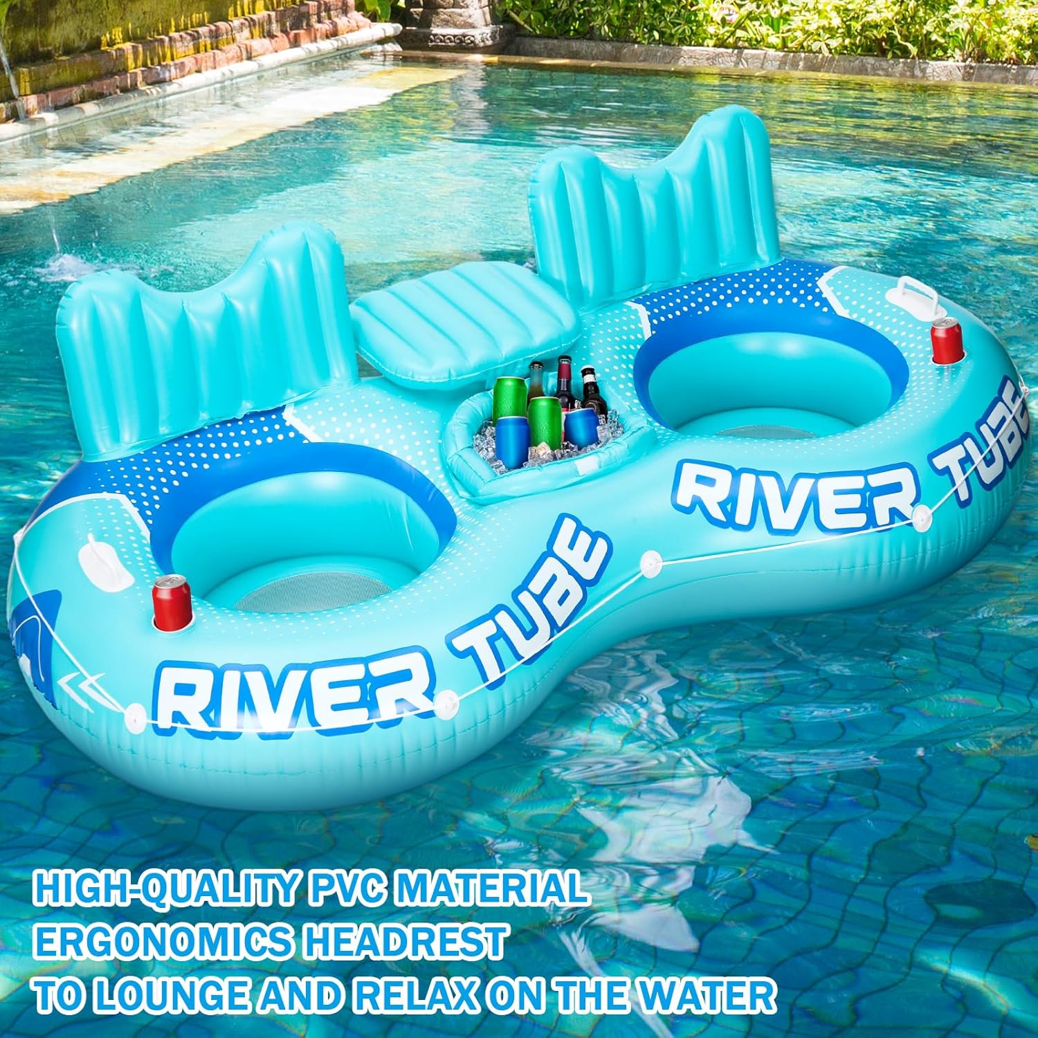Pcs Inflatable River Tube Float, 2 Person Heavy Duty Pool Float with Built in Cooler, Ergonomic Backrest and Cup Holders for Adults, Lake Water Tubes for Floating Summer Relaxation