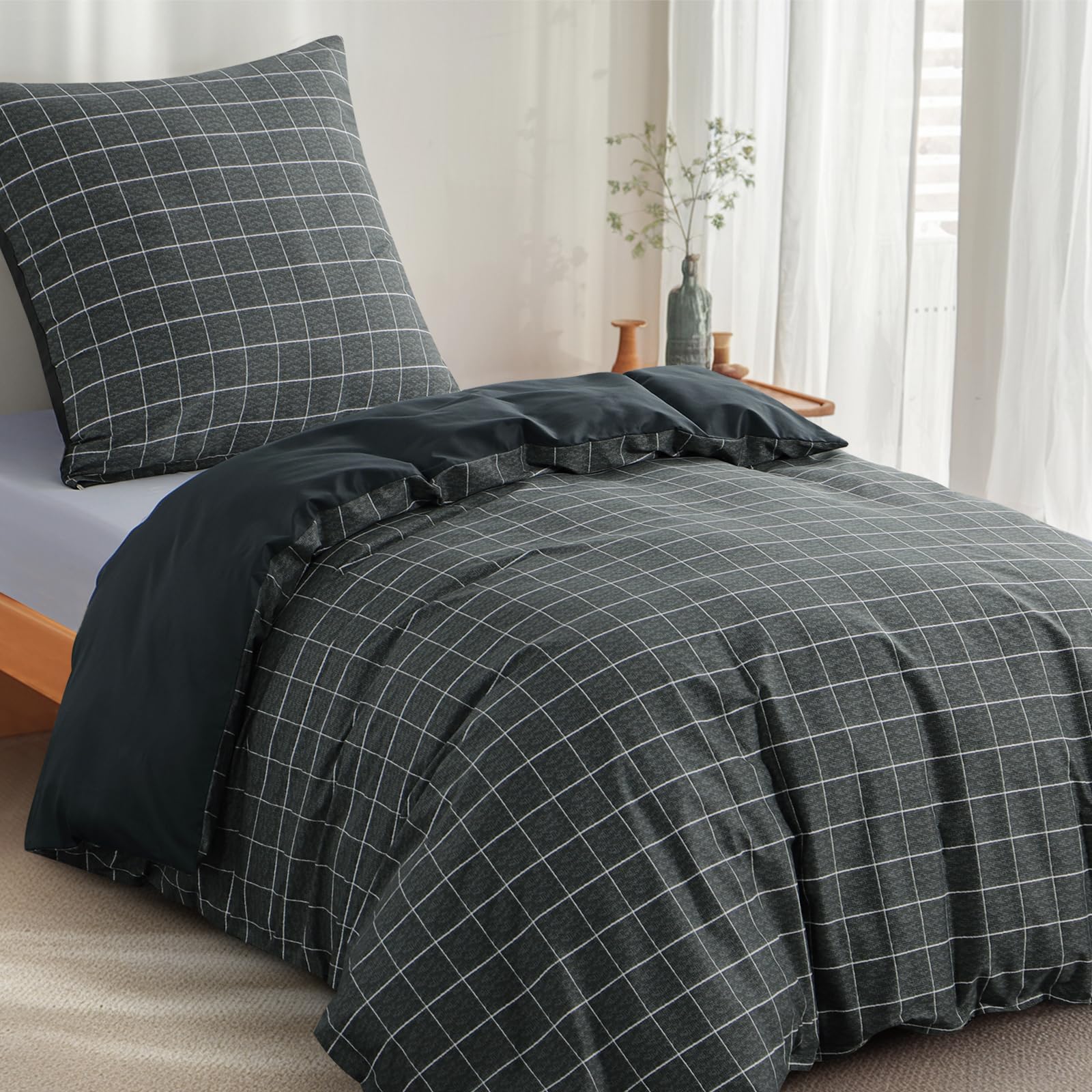 RUIKASI Bettwäsche 155x220 Baumwolle 2teilig Anthrazit - Baumwollbettwäsche 155 x 250 2tlg mit Gitter Muster, Bettbezug Set 2 teilig Cotton mit Reißverschluss