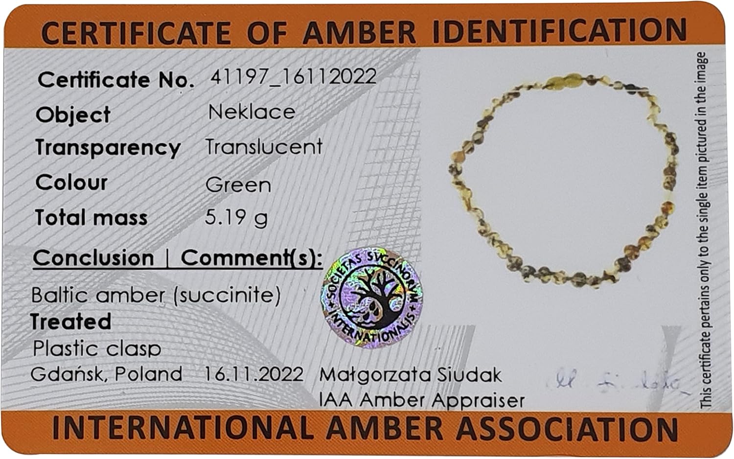 Genuine Amber Necklace From Baltic Sea Made With Polished Green African Jade Aventurine 45 cm (17.7 Inches) - Image 6