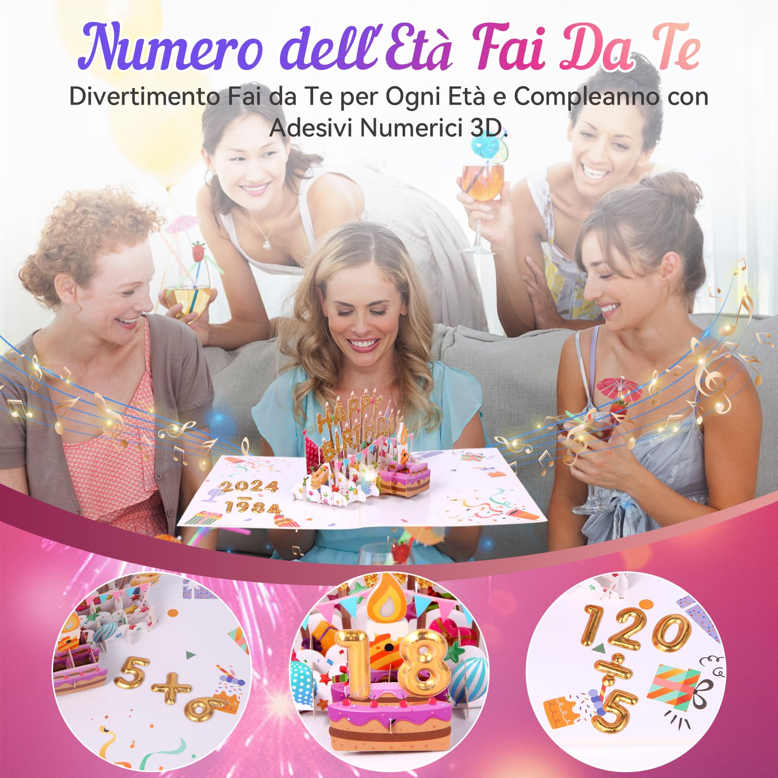 Biglietto Di Compleanno Musicale Con Fuochi D'Artificio LED E Candela Soffiabile, Pop-Up 3D, Con Busta E Biglietto Bianco, Regalo Per Donne Uomini Ragazzi - 3
