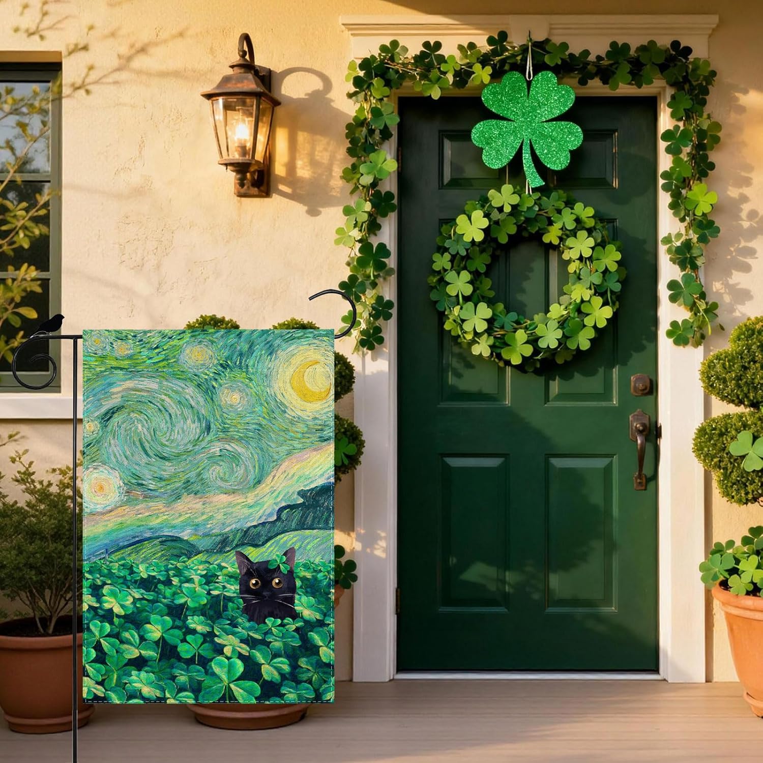 Shamrocks Clovers Cat Oil Painting Starry Night Sky Moon St. Patrick's Day Garden Flag 12x18 Inch Double Sided Small Mini Yard Flag Outdoor Outside Holiday Party Decoration - Image 3