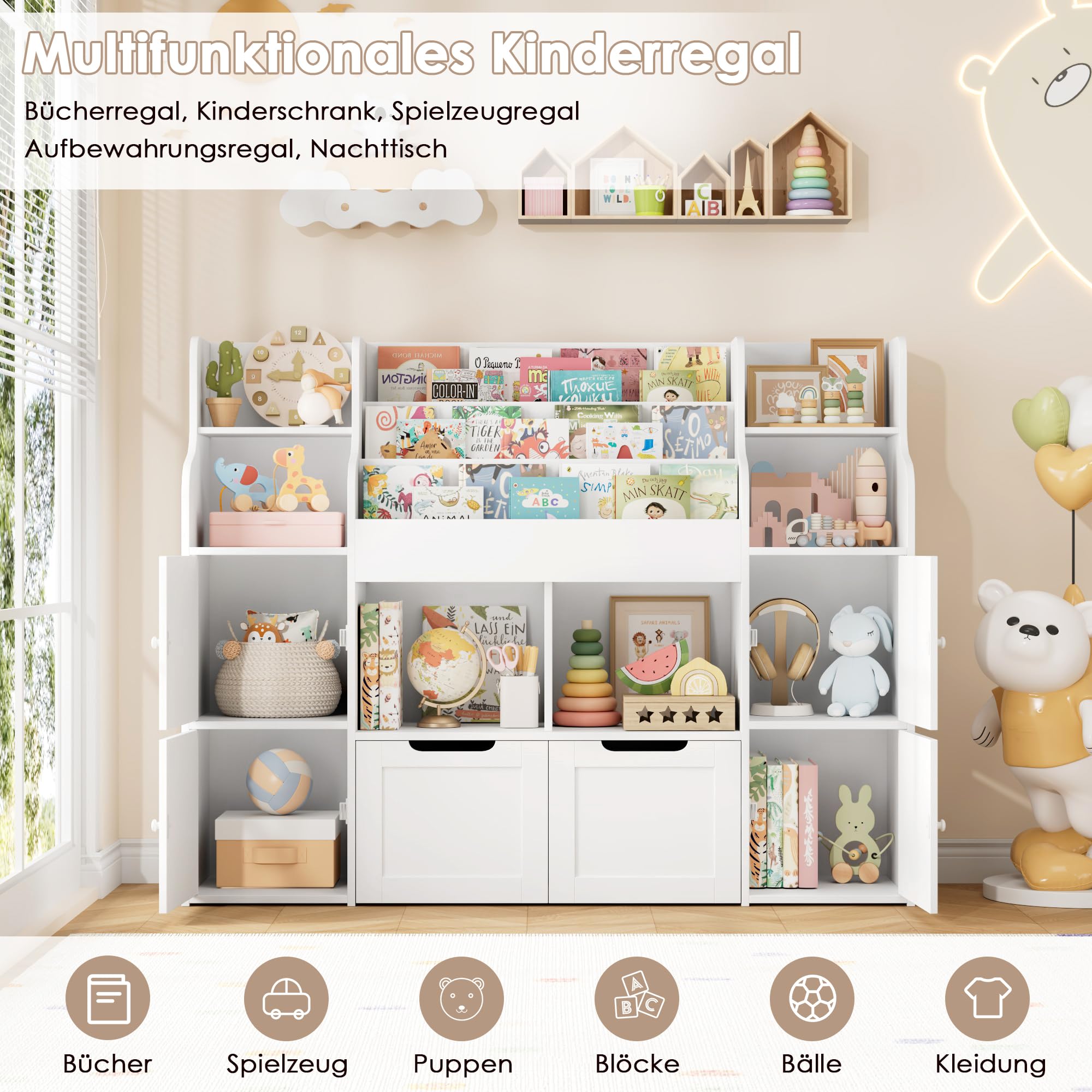FOREHILL Kinderregal mit Bücherregal Kinderzimmer Möbel aus Holz Bücherregal für Kinder mit Aufbewahrungsbox Kinderschrank mit 2 Spielzeugkiste auf Rollen 122 x 30 x 100 cm