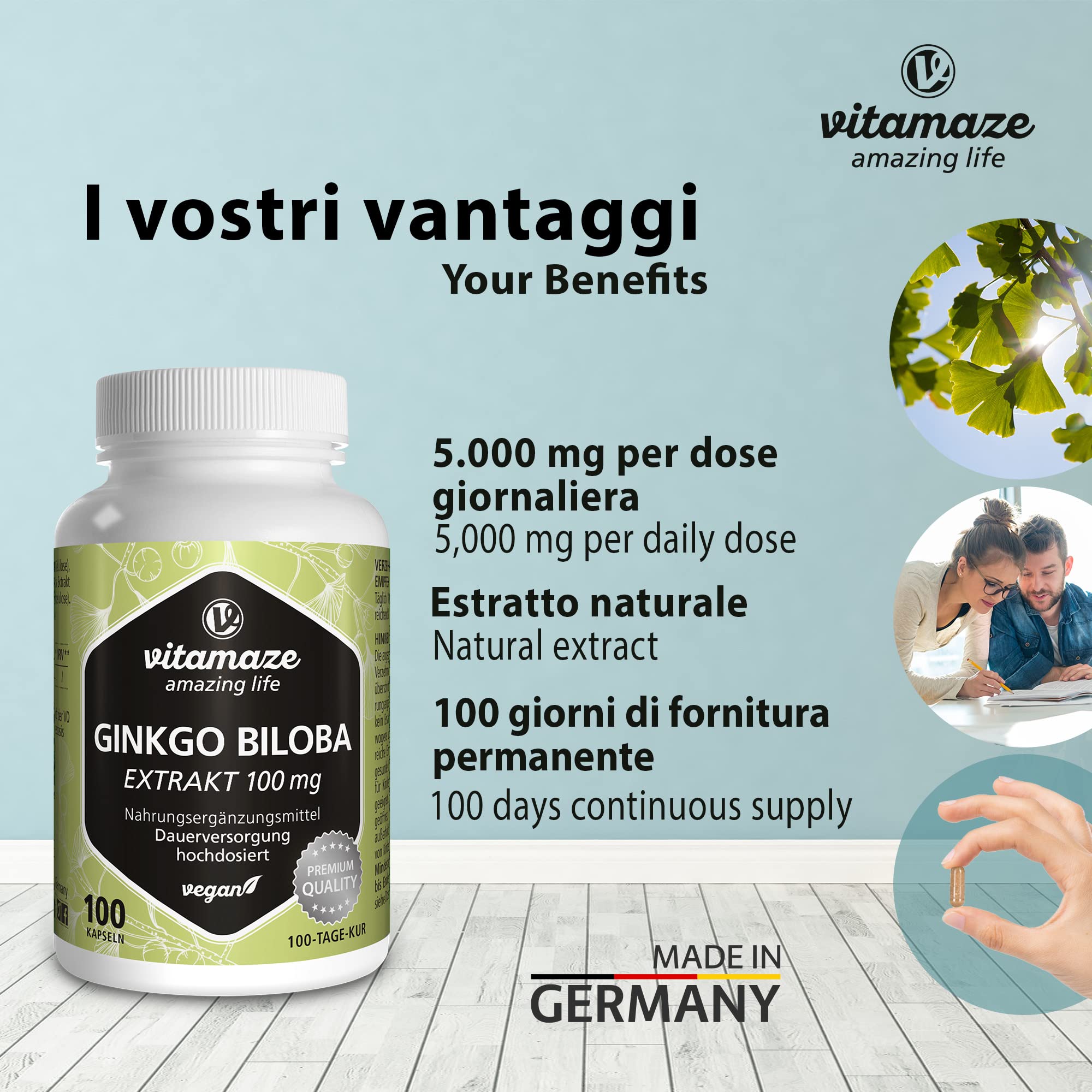Ginkgo Biloba 50:1 Estratto 100 mg = 5000 mg Polvere di Foglie di Ginkgo Puro per Capsula Vegana, 100 Capsule per 100 Giorni, Integratore Alimentare senza Additivi non Necessari