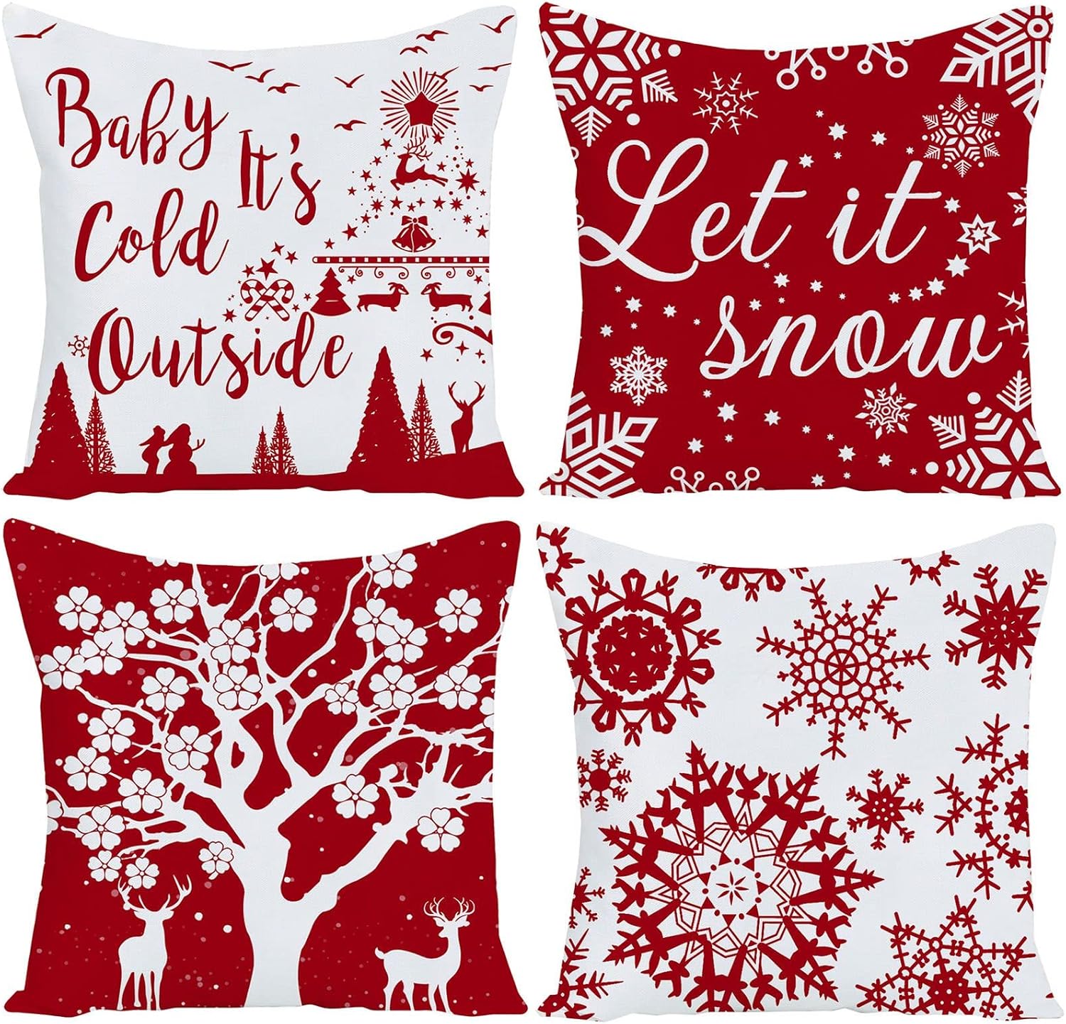 WILPROO Pack of 4 Merry Christmas Happy Winter Snowflakes Merry and Bright Deer Linen Decorative Throw Pillow Cover Personalized Cushion Case for Sofa Farmhouse Square 22x22