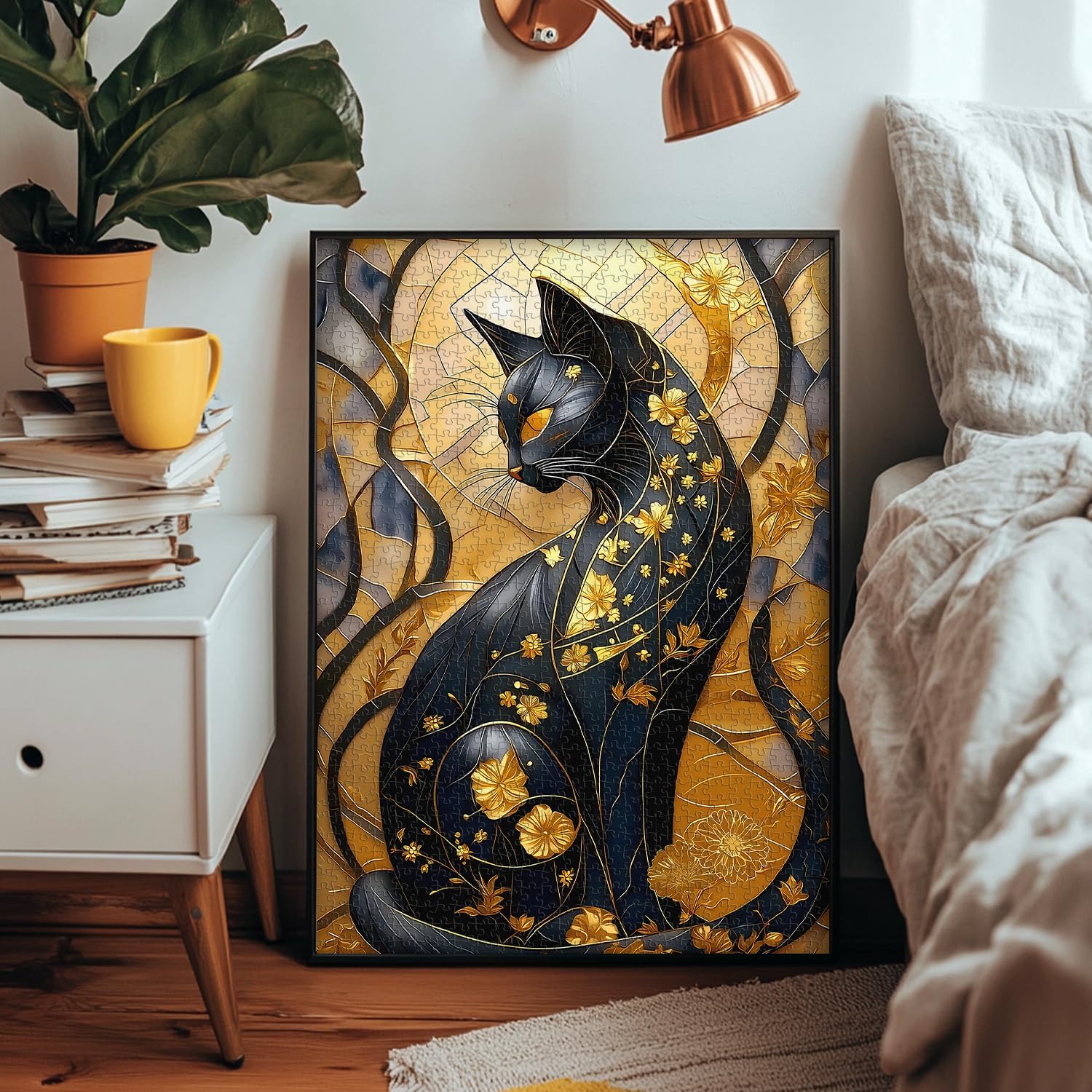 Cat Jigsaw Puzzles 1000 Pieces, PICKFORU Gradient Flower Puzzles for Adults Black Gold, Challenging Impossible Kitten Floral Art Theme as Wall Art