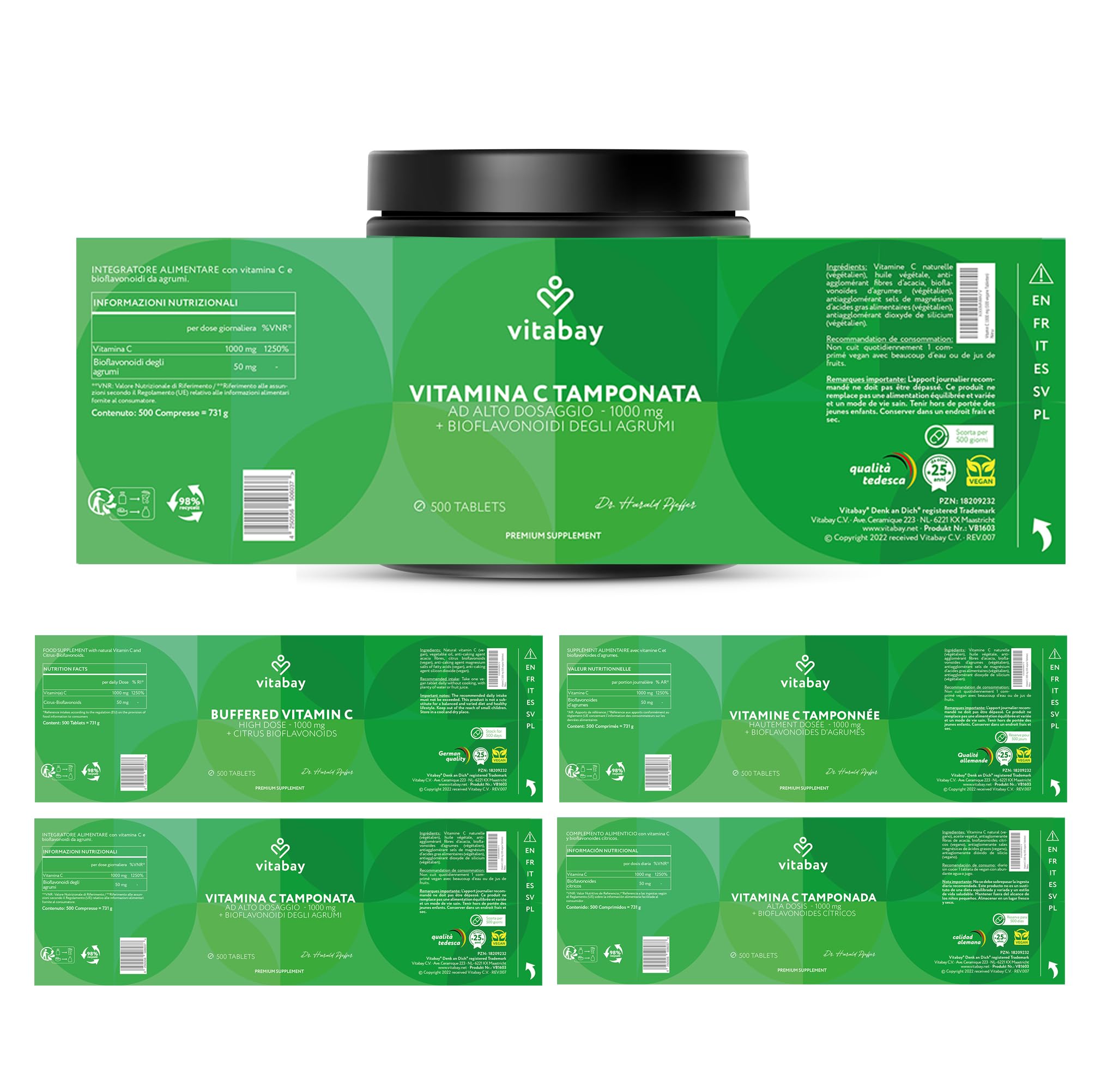Vitabay Vitamina C 1000 mg - 500 Compresse di Vitamina C Naturale con Bioflavonoidi di Agrumi (50 mg) a Rilascio Prolungato - Vegana e ad Alto Dosaggio - Acido Ascorbico (60%) - Testata in Laboratorio