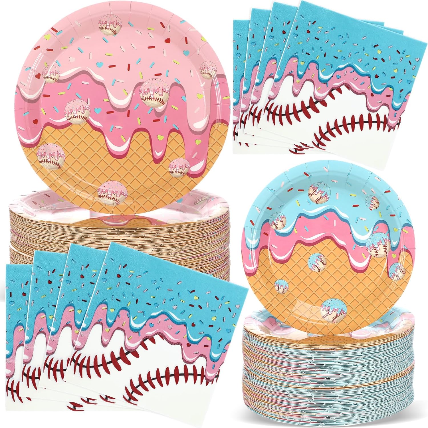 Remerry 144 Pcs Ice Cream Drip Baseball Party Supplies Disposable 7'' and 9'' Ice Cream Drip Plates Paper Napkins Set for Sport Birthday Parties Baby Shower Decorations, Serve 48 Guests