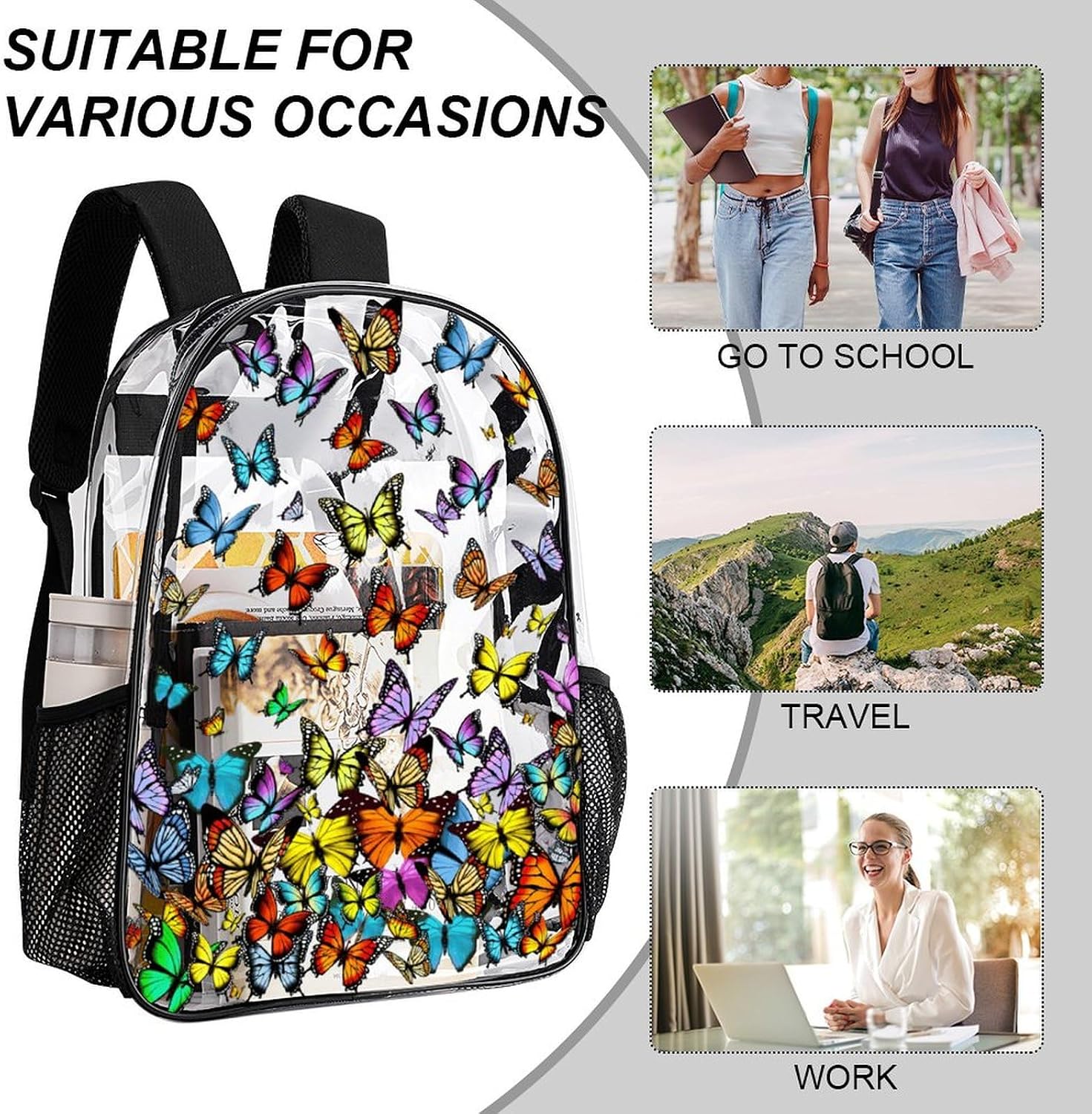 Butterfly Clear Backpack Heavy Duty for Girls Kids Boys Women Men - Large Cute PVC Butterflies Theme Printing Transparent Backpacks for Schools Stadium Concerts Work - Clear/Black