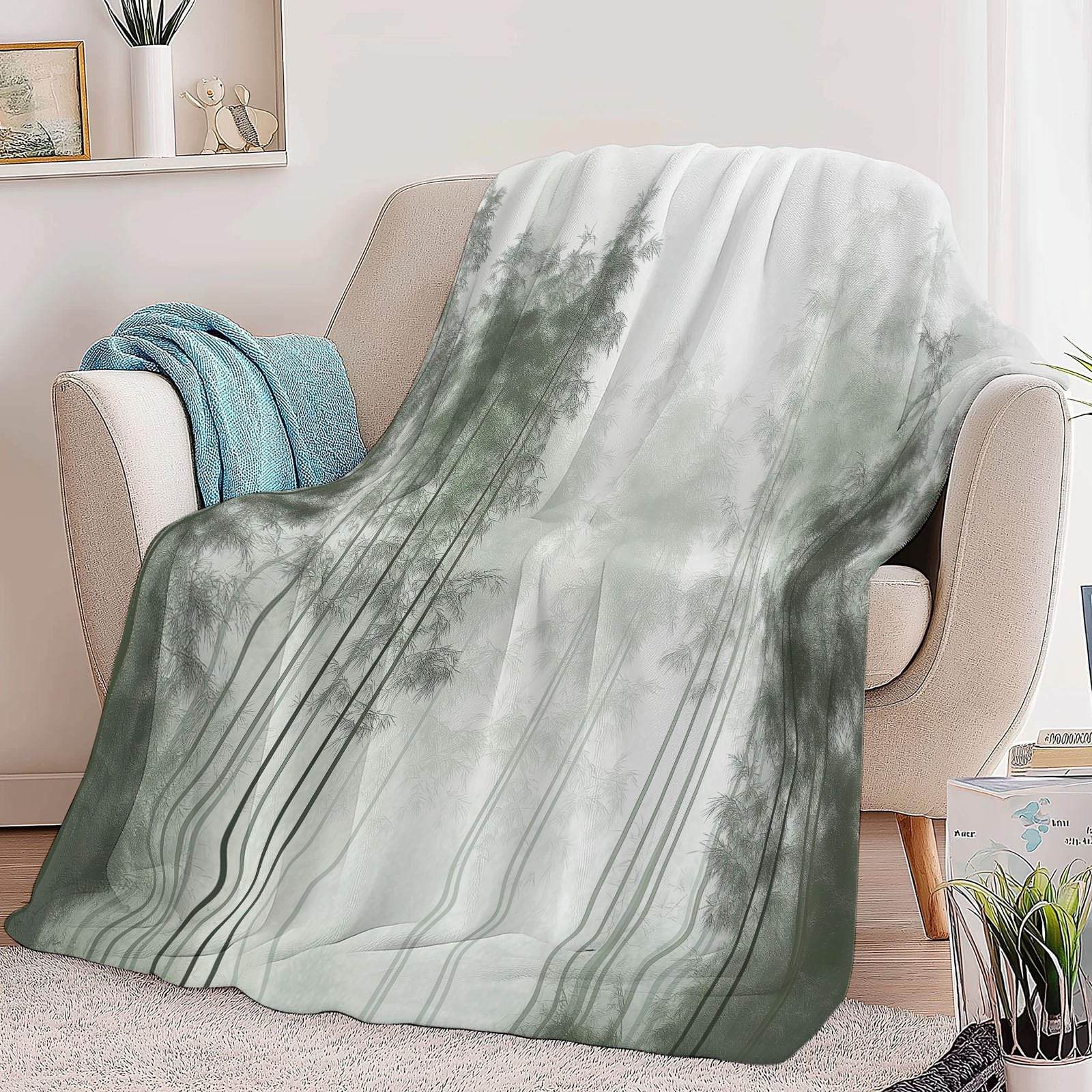 Générique Koc w kratę Bambusowy Las Tusz Malarski 180 x 220 cm Flanelowa mikrofibra Koc polarowy, Jasnozielony Puszysty Ciepły Lekki Koce do Podróżowania, Łóżko lub Sofa