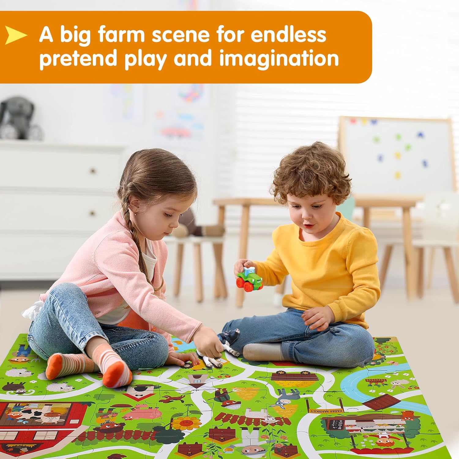 Farm Animals Jumbo Floor Puzzle for Toddles 2-4, Giant Adventure Track Jigsaw Puzzles for Kids Ages 3-5 (48 Piece 35.4x23.4 Inch Thick Cardboard), Educational Toys for Preschooler 4-6 Year Old