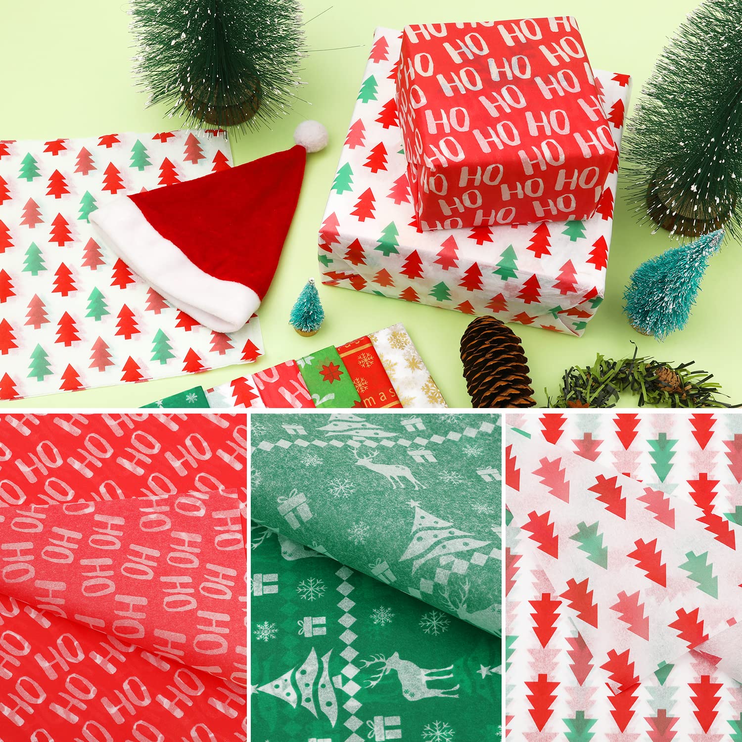 Papier De Soie Imprimé Sapin De Noël - Lot De 10 Feuilles 50x35 Cm - Pour Emballage Cadeau, Décoration Fêtes