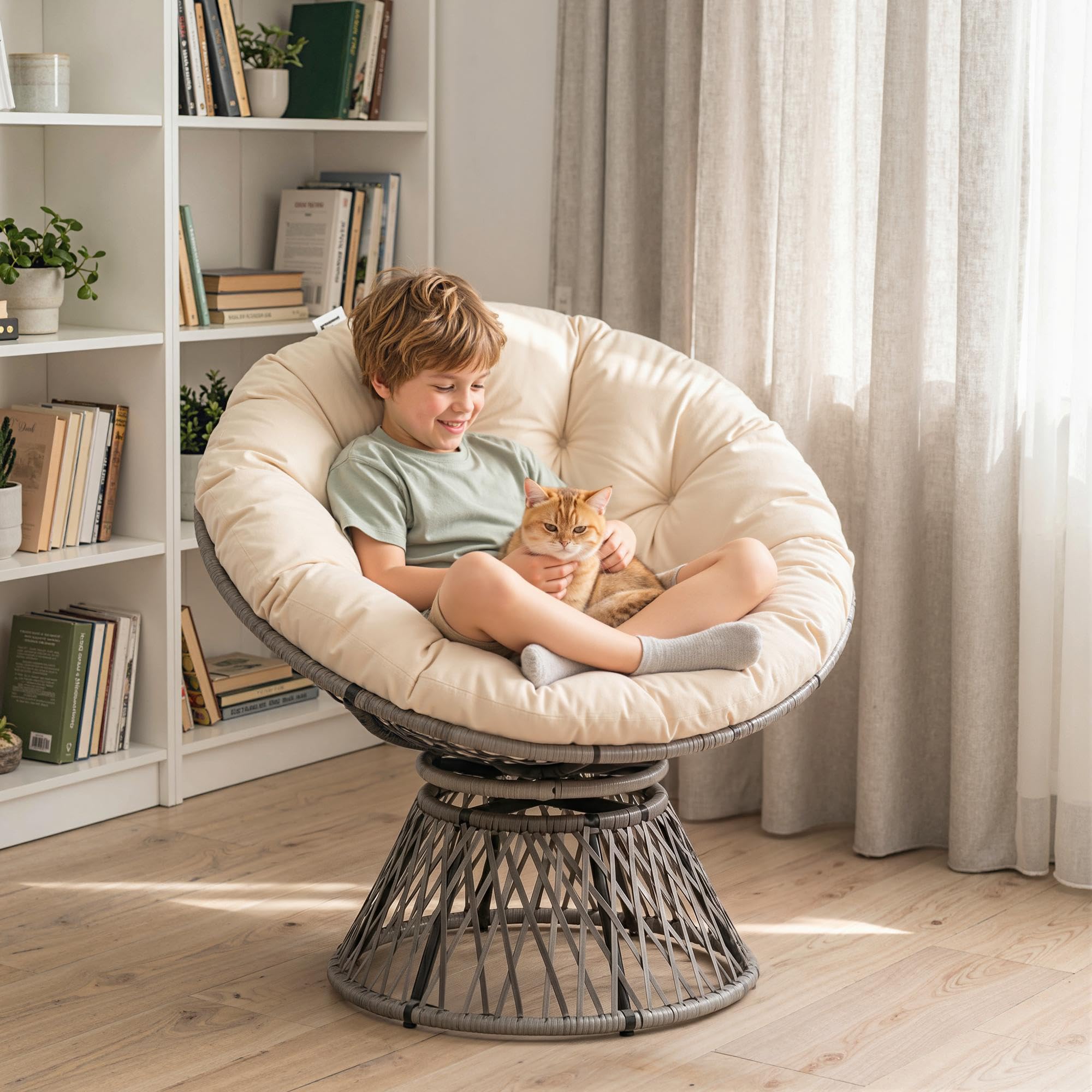 Outsunny Sillón Papasan Giratorio 360° de Ratán Sintético Silla Ovalada de Mimbre PE con Cojín y Marco de Acero Carga 160 kg para Jardín Patio Terraza 87x97x86 cm Gris y Crema