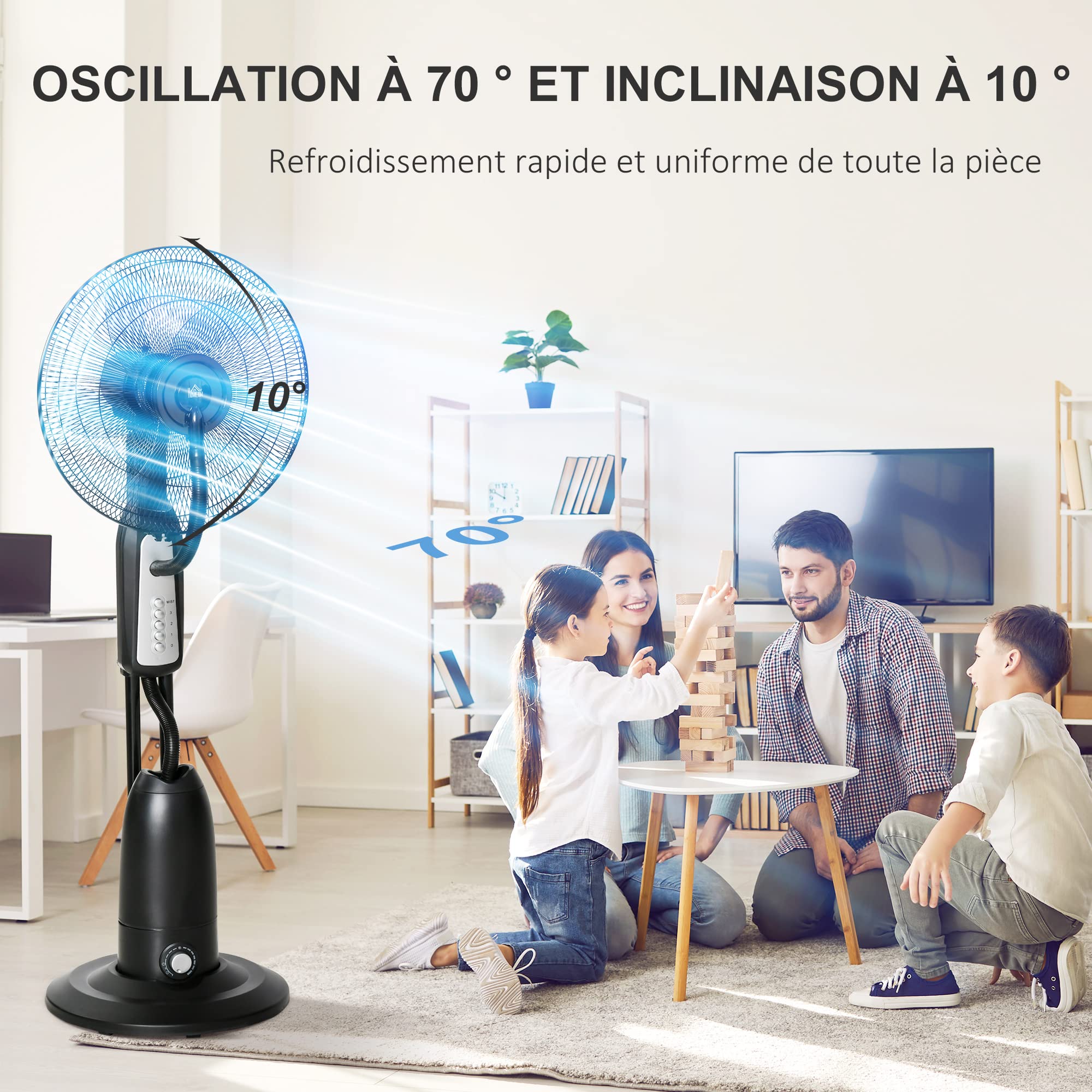 HOMCOM Ventilateur brumisateur silencieux 90 W, ventilateur sur roulettes 120 cm avec 3 vitesses, oscillation à 70°, tête inclinable, réservoir d'eau de 2,8L, noir