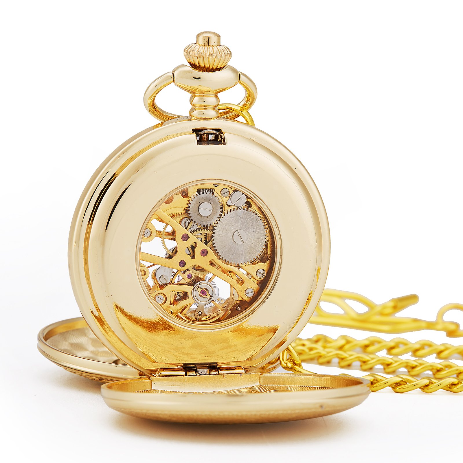 TREEWETO Unisex Taschenuhr mit Kette Analog Handaufzug Doppelscharnier Römische Ziffern Gold/Silber