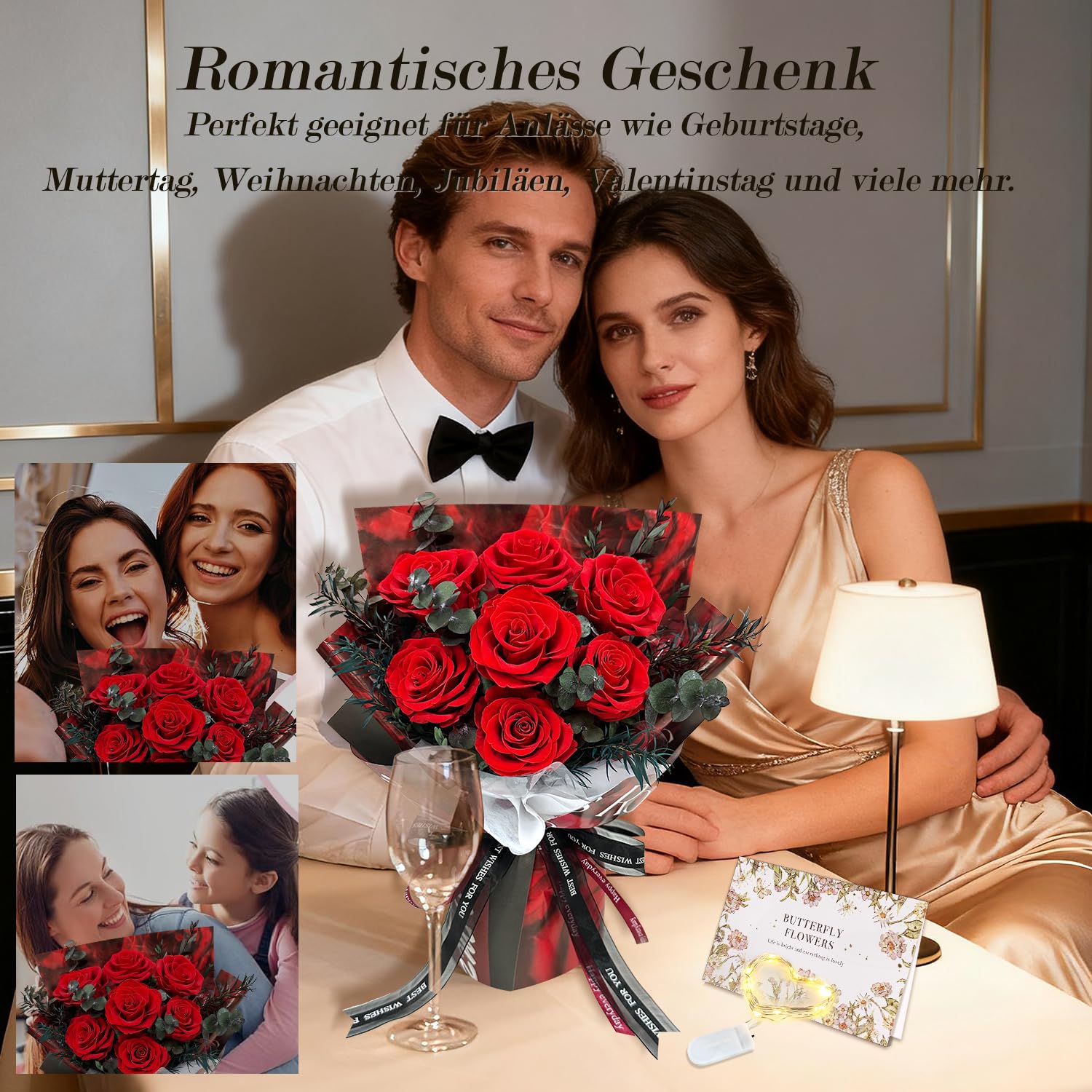 Ewige Rosen Blume Strauß mit Vase und LED Licht, 7 Rosenstrauß Konservierte Blumenstrauß Infinity Rosen Strauß Geschenke für Frau, Freundin, Mama zum Geburtstag, Valentinstag, Weihnachten