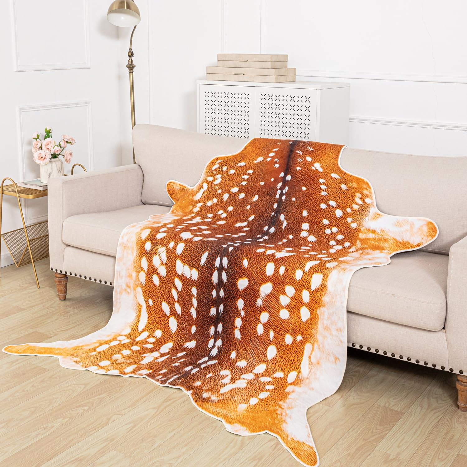 Deer Rug Faux Fur Deer Print Rug, 5.2x6.5 Feet Irregular Shaped Animal Hide Rugs, Soft Faux Cashmere Antelope Fawn Carpet for Living Room, Bedroom, Cabin, Lodge Western Home Decor