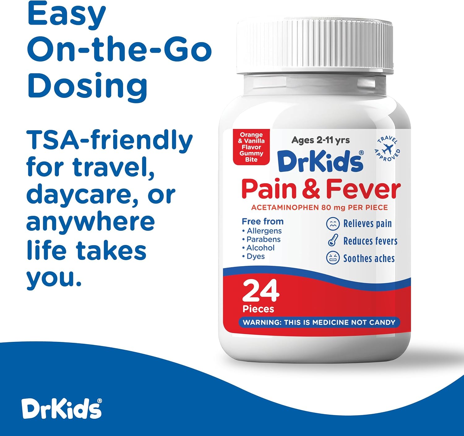 Dr. Kids Children’s Pain and Fever Gummy Bite - Chewable Acetaminophen for Kids Ages 2-11, Pre-Measured Soft Chews for Headache, Sore Throat, Cold and Flu, Orange Vanilla Flavor, 24 Count - Image 5
