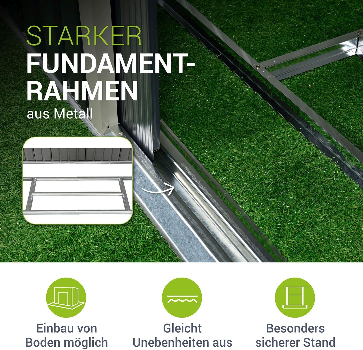 Pedyo-up view of the Juskys Metal Garden Shed XL's robust metal foundation frame on grass, highlighting its ability to level uneven ground and provide a secure stand.
