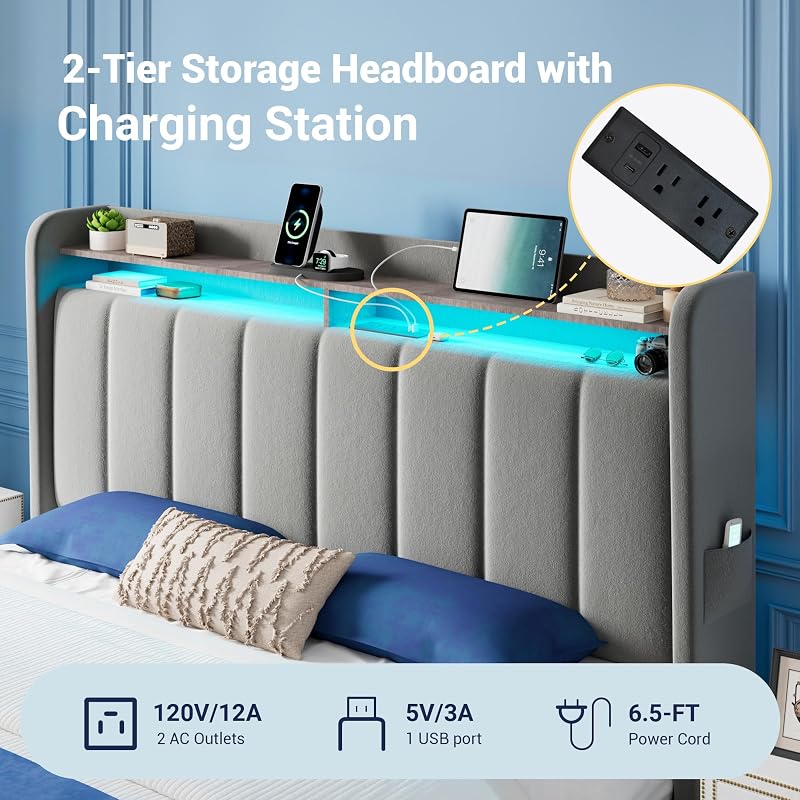 Allewie Full Size Bed Frame with 2-Tier Storage Headboard & 2 Large Drawers image 4