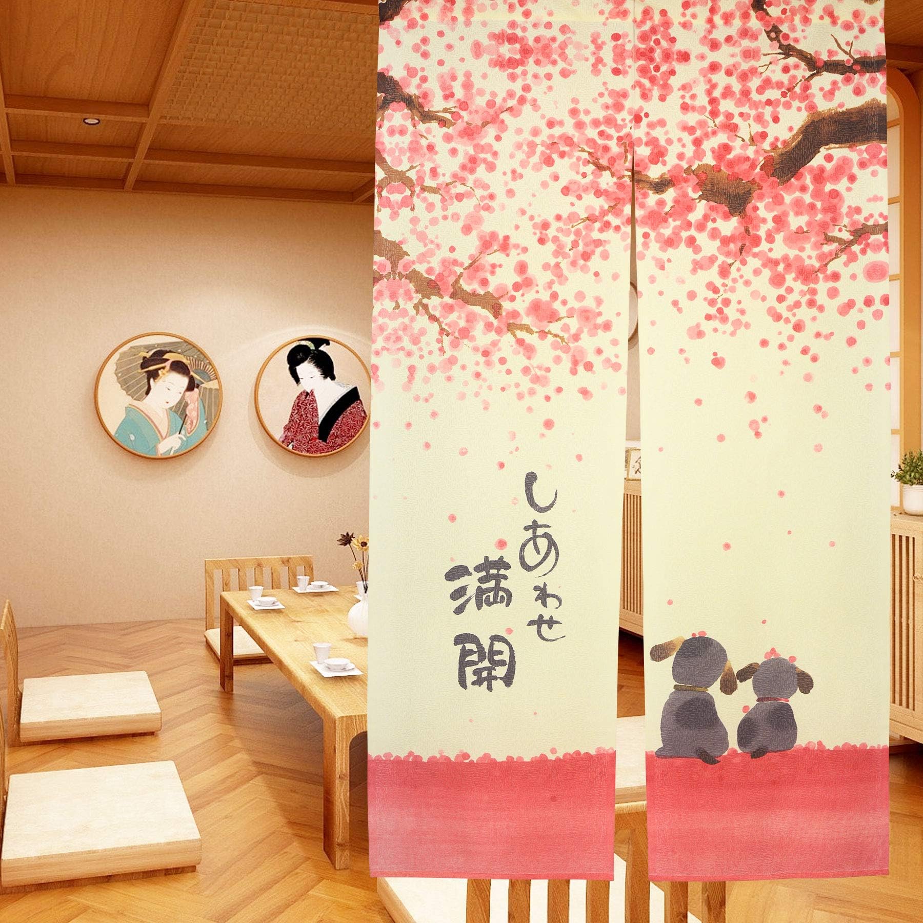 LIGICKY Japanese Doorway Curtain Noren Printed Happy Dogs Cherry Blossom Tapestry for Home Decoration 33x59inch