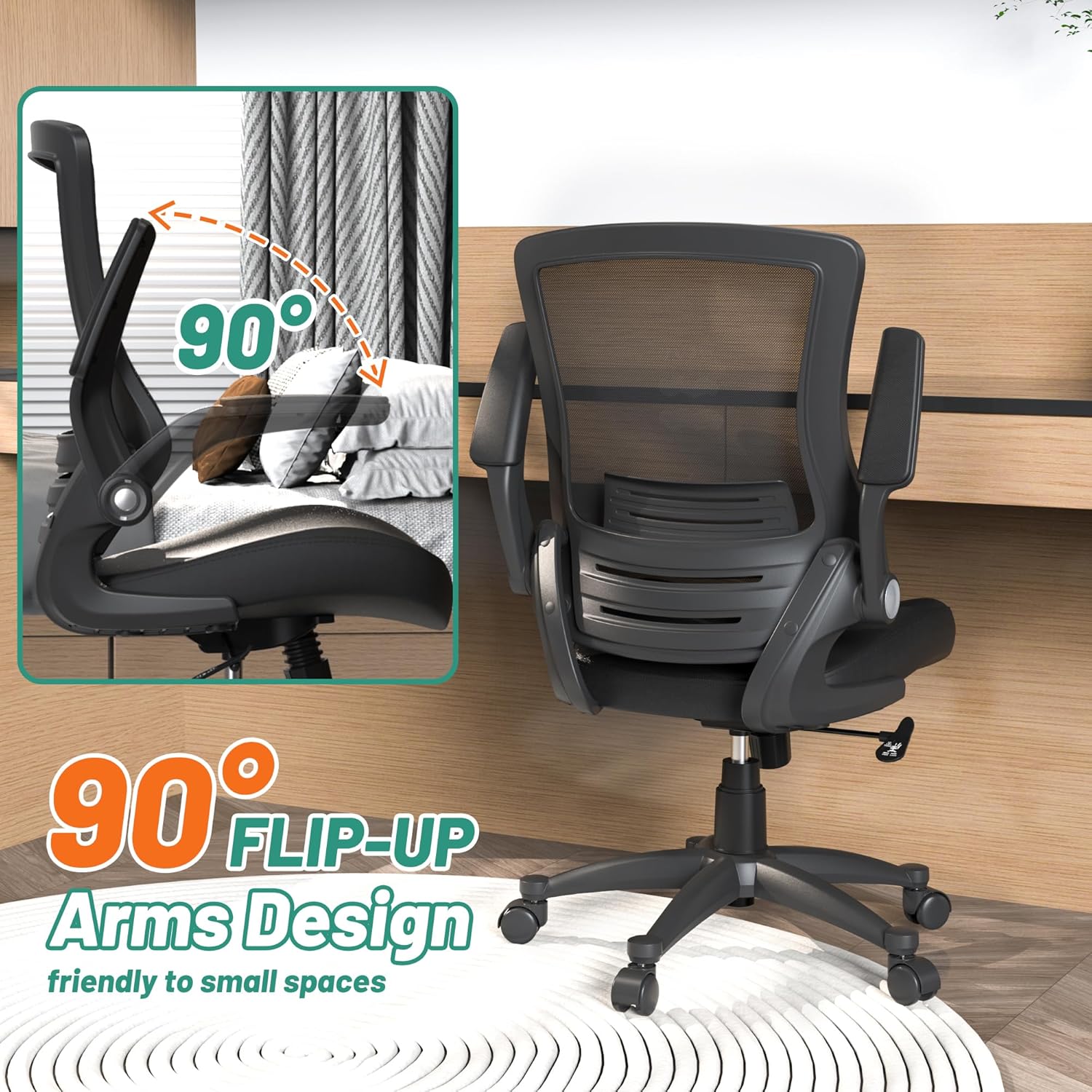 Modern Ergonomic Home Office Desk Task Computer Study Chair Height Adjustable with Flip Arms for Big People