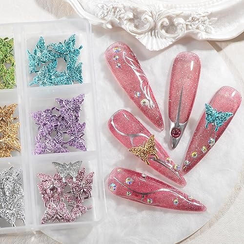 60 Pcs Butterfly Nail Charms 3D Glitter Butterfly Nail Art Charms Metal Alloy Kawaii Nail Charms for Acrylic Nails Colorful Butterfly DIY Decoration