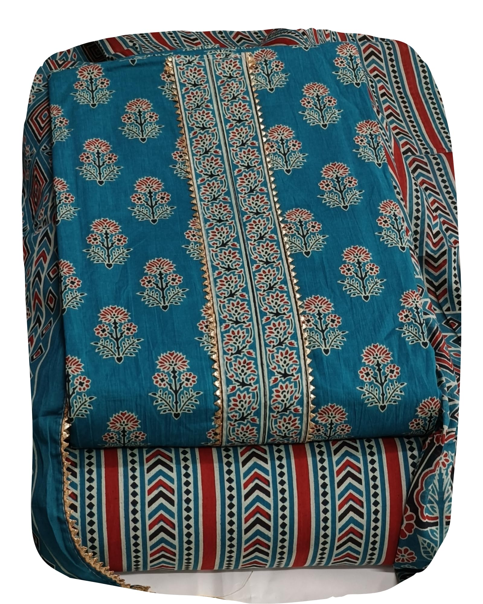 Women's Jaipuri Printed Embroidered and Hand Work Premium Cambric Cotton Unstitched Salwar Suit Dress Material with Mulmul Cotton Dupatta-image-36