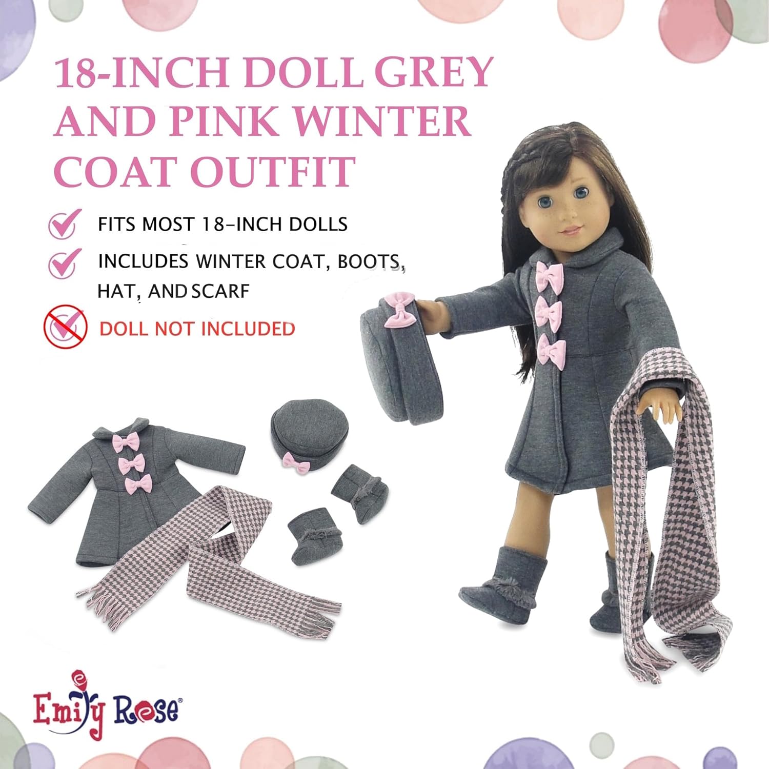 Emily Rose 18-inch Doll Clothes Grey and Pink 4 PC Winter Coat Outdoor Outfit, Includes Matching Hat, Boots and Scarf | Compatible with 18" American Girl Dolls | USA Business