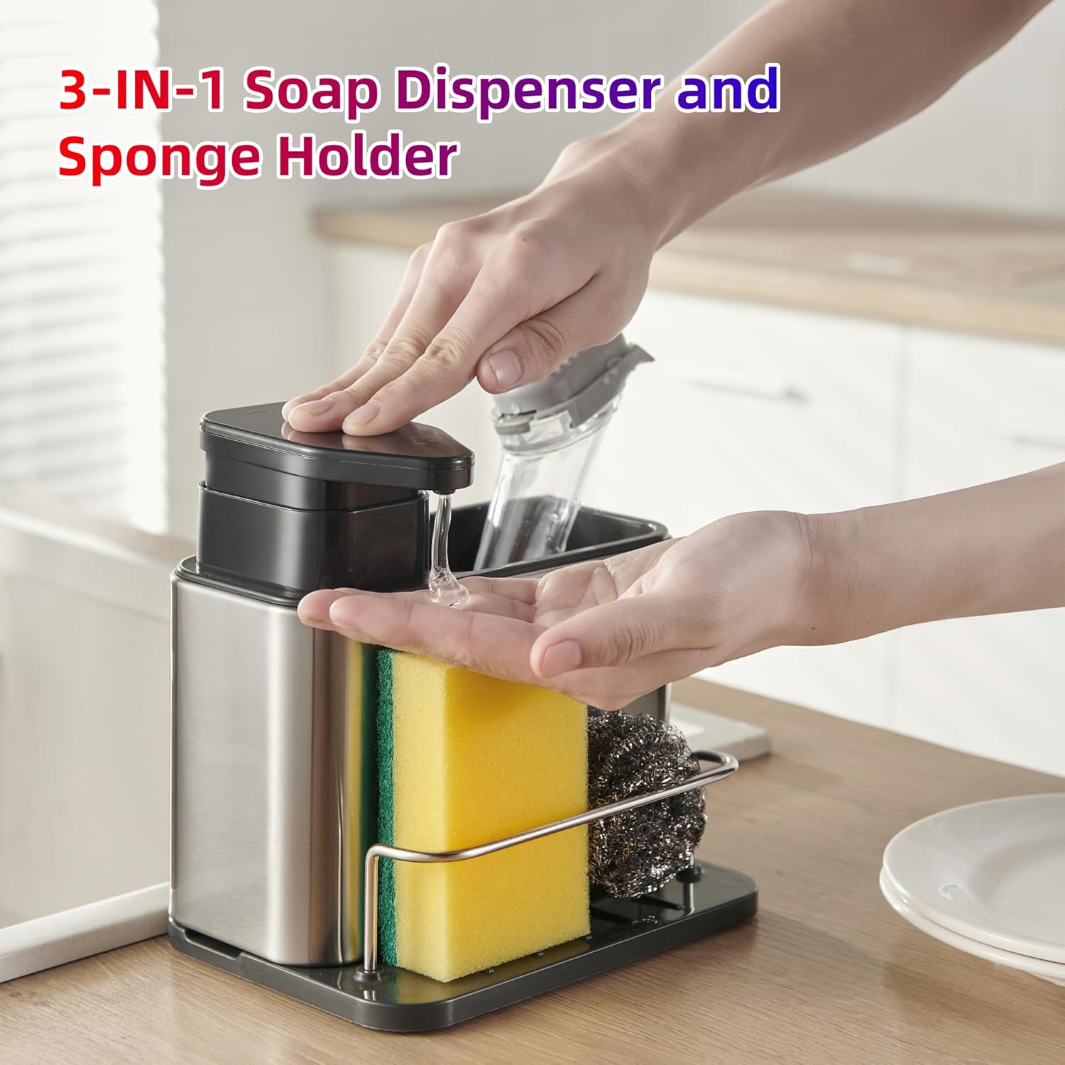 Soap Dispenser for Kitchen,Sink Sponge Holder for Kitchen,Sink Caddy,Sponge Holder Stainless Steel Dish Scrubber Soap Dispenser with Sponge Holder