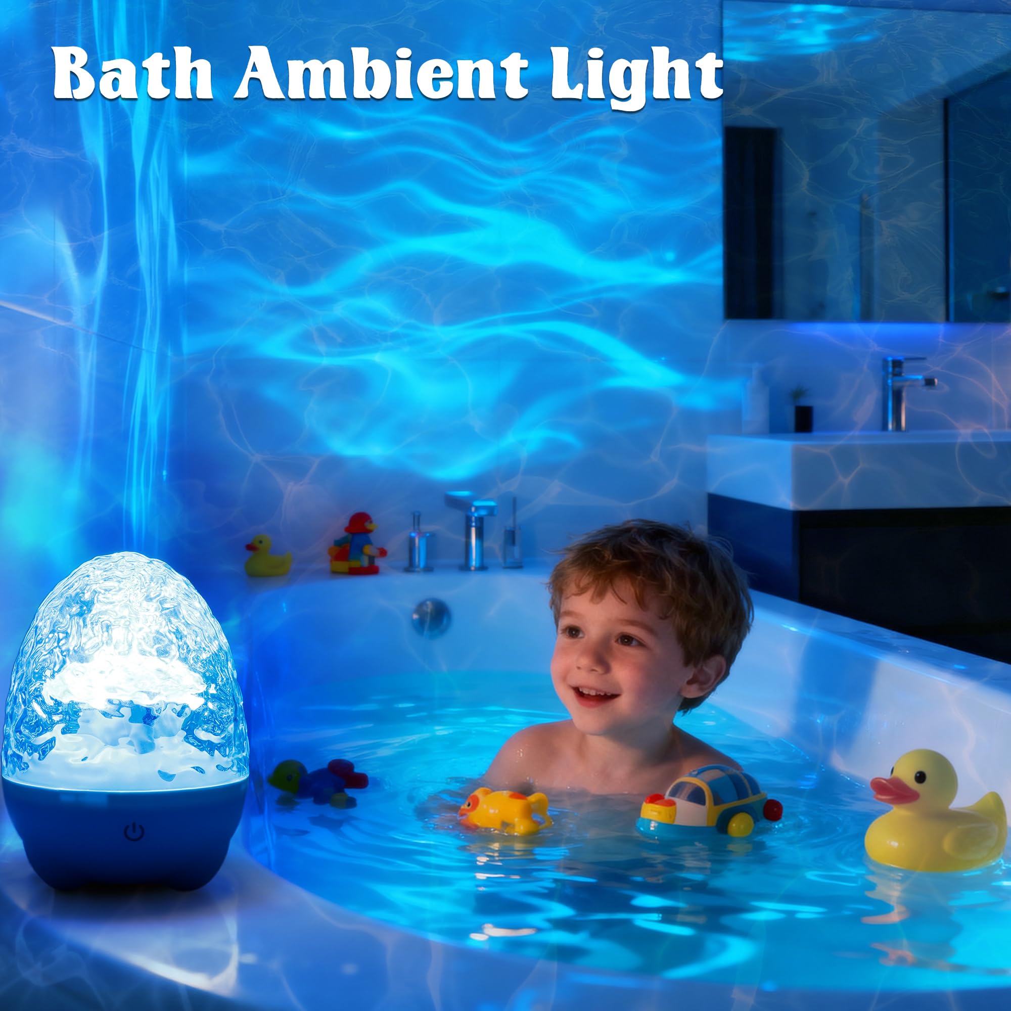 cambk Waterproof Shower Light for Inside Bathroom, Egg-Shape Rechargeable Kids Bath Light, RGBW 13 Color Changing Shower Lamp Ocean Wave Projector Mood Night Lighting