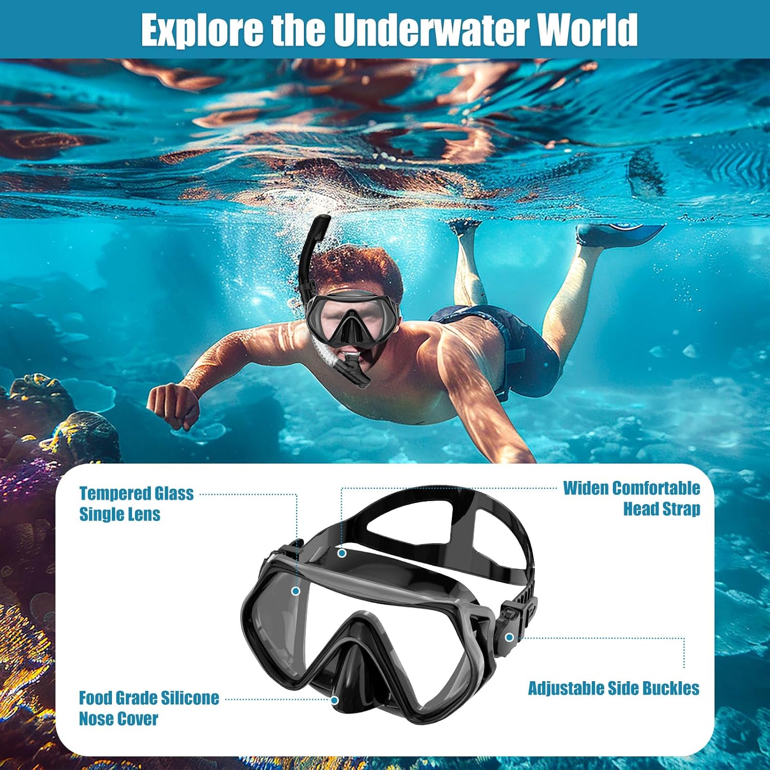Snorkeling Gear for Adults, Dry-Top Snorkel Set Scuba Diving mask, Snorkel Mask, Panoramic Anti-Leak Anti-Fog Tempered Glass Lens, Swimming Training Snorkeling Packages