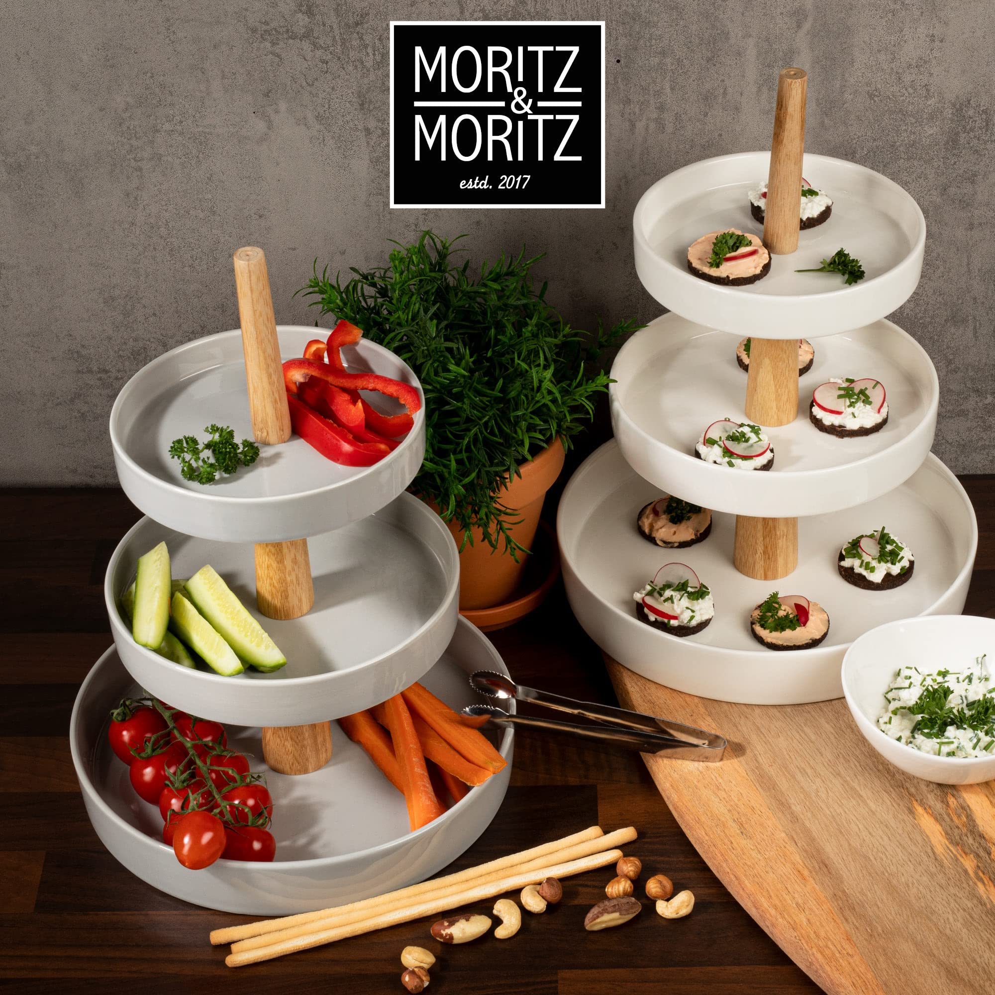 Moritz & Moritz Soporte para Frutas de 3 Niveles, Incluye alicates, de Porcelana, decoración Moderna de Cocina o Fiesta, frutero para Almacenamiento de Frutas, Magdalenas y Cupcakes