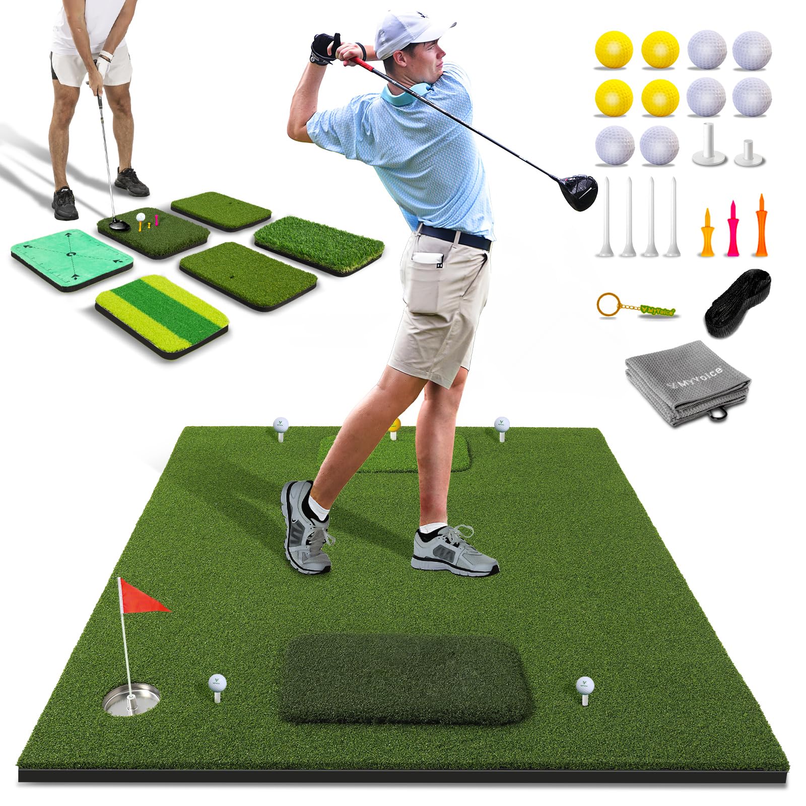 Upgrade Multi-Function Golf Hitting Mat – MyVoice 5x4ft Thickened Mat with Interchangeable Turf, Durable Non-Slip Base for Indoor & Outdoor Practice, Ideal for Golfers of All Levels