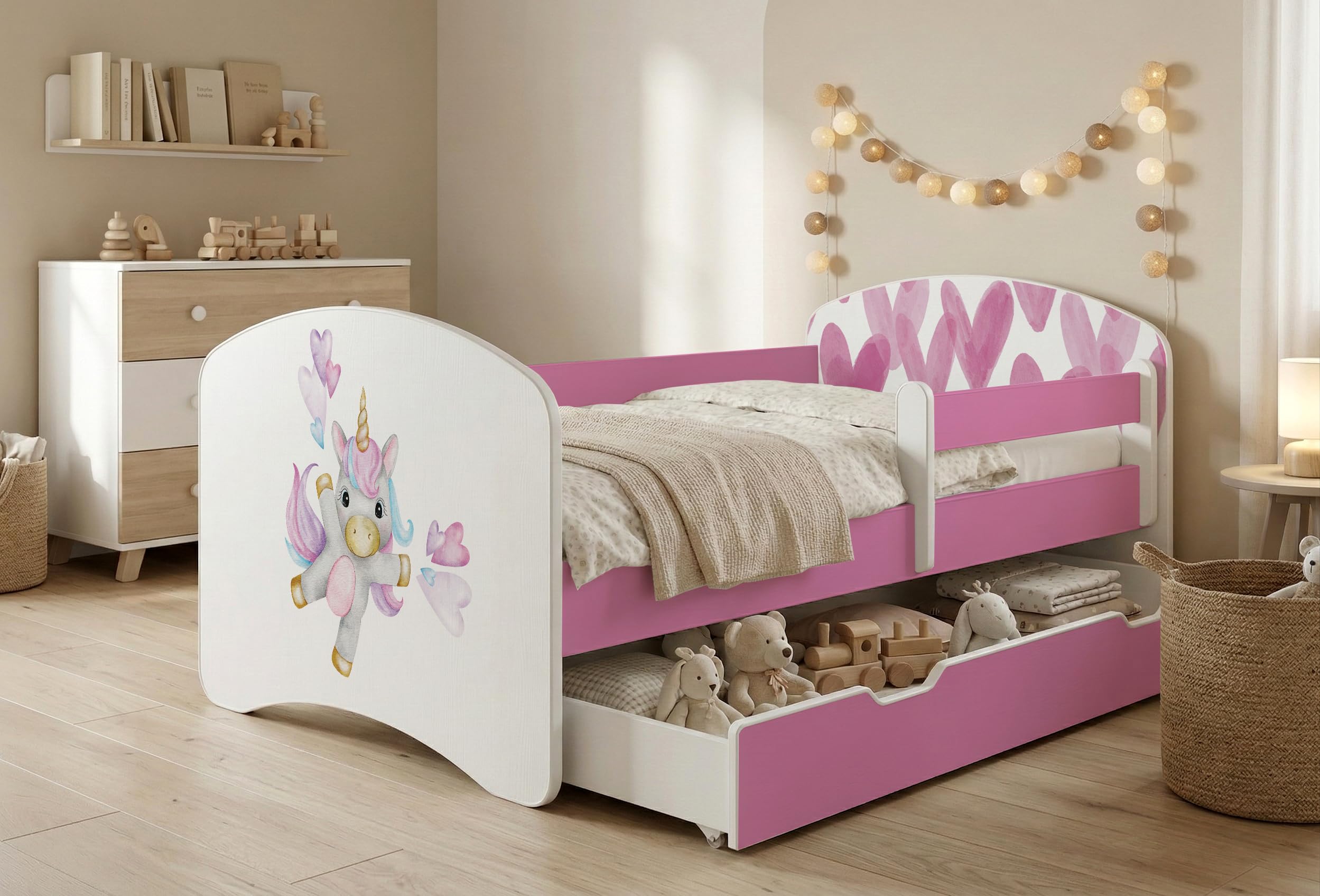 Happy Babies Kinderbett Kinderbett mit Rausfallschutz und Bettschublade, Ideales Bett für Mädchen und Jungen 160x80 mit Matratze, Rose Bett Prinzessin, Set, farbenfroh (Nr 160, 160x80)