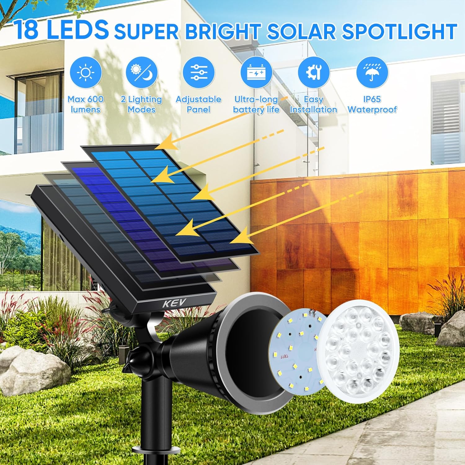 KEV Solar Spot Lights Outdoor, 8 Pack 800 Lumens Super Bright Flood Lights, 2 Modes, Adjustable, IPX65 Waterproof, Backyard/Patio Landscape/Tree/Garage