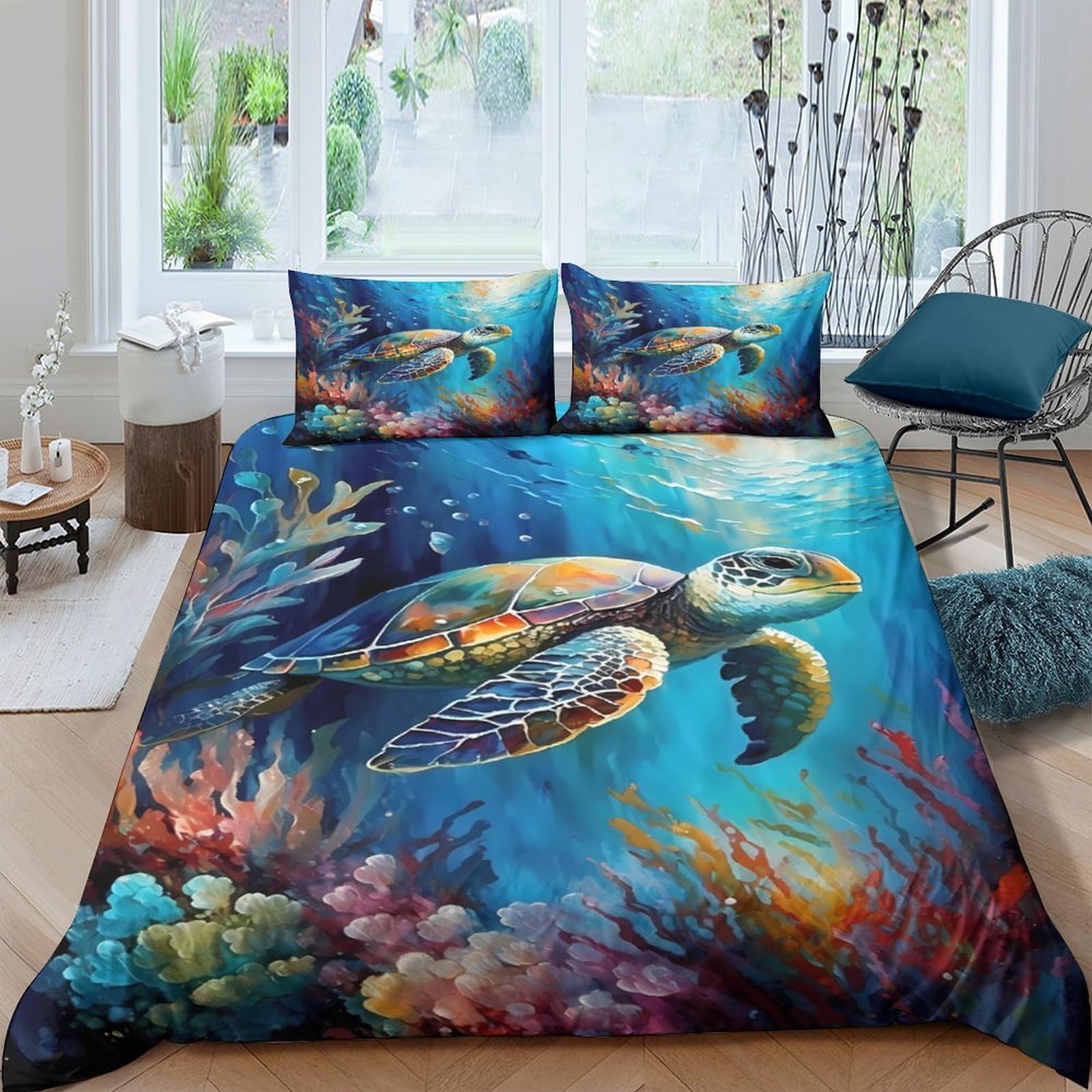Ctjqhvkz Style-7 3D Printed Ocean Turtle Fitted Sheet Microfiber Soft Underwater World Bed Cover For Bedroom Guest Room Decor Single（135X200cm）