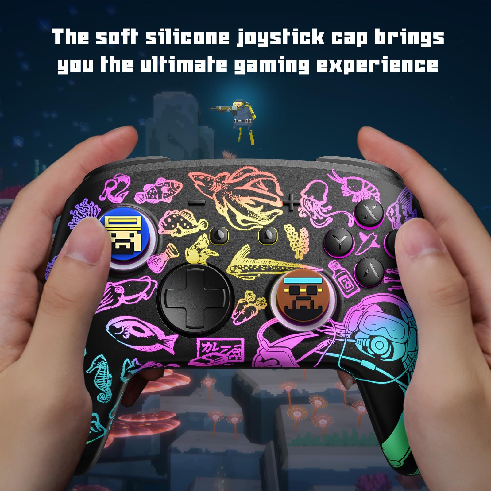 Funlab x Dave the Diver Jointly-Designed Switch 2 Silicone Thumb Grips Caps, Button Covers, Joysticks Anti-Slip Cap Analog Stick Cover, Comfortable Grip Button Caps for Switch 1 Pro Controller (4PCS) — view 2