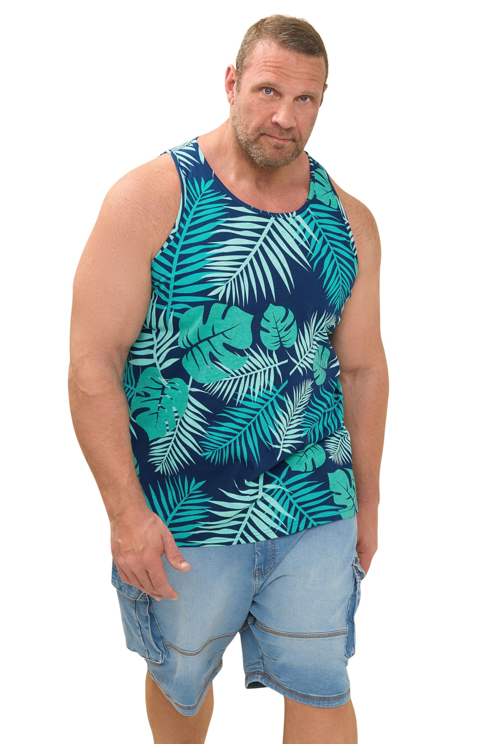 Badrhino Men's Navy Big & Tall Blue Leaf Printed Vest - Plus Size Curve