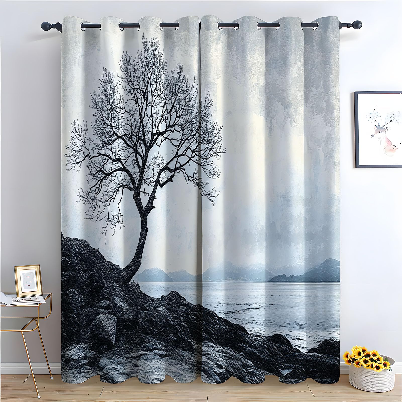 WQBQKKX Plants Curtains Minimalist Bohemian Flower Plant Print Thermal Insulated Window Drapes, Botanical Art Window Treatments-52 W x 96" L (Pack of 2)