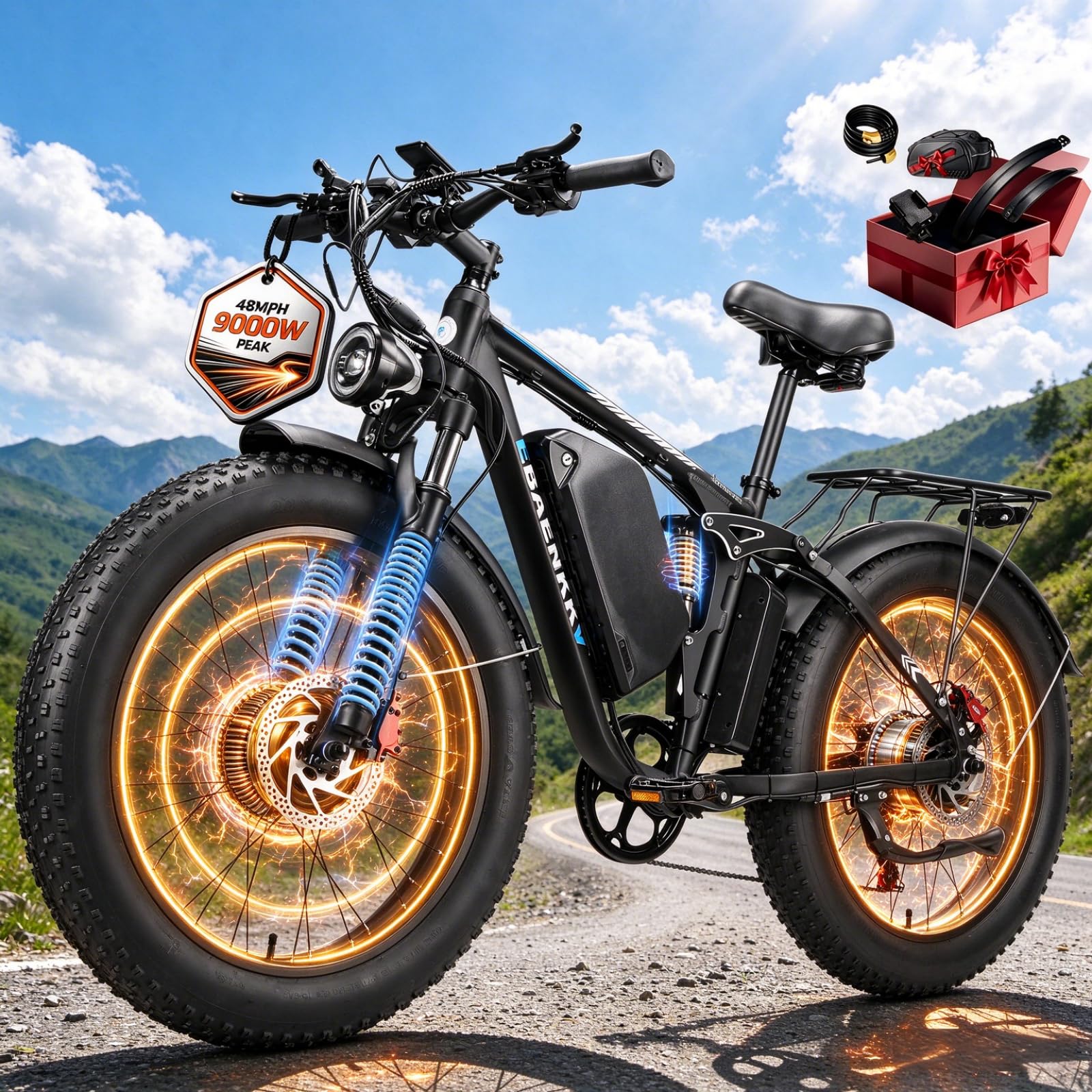 9000W Peak Dual Motor Electric Bike for Adults 48MPH ,52V Fast Ebike 105 Mi | 52V 34Ah LG Cells,24" Fat Tire Full Suspension Ebike,AWD Electric Mountain Bicycle,Dual Shock Hunting Off-Road Dirt E-Bike
