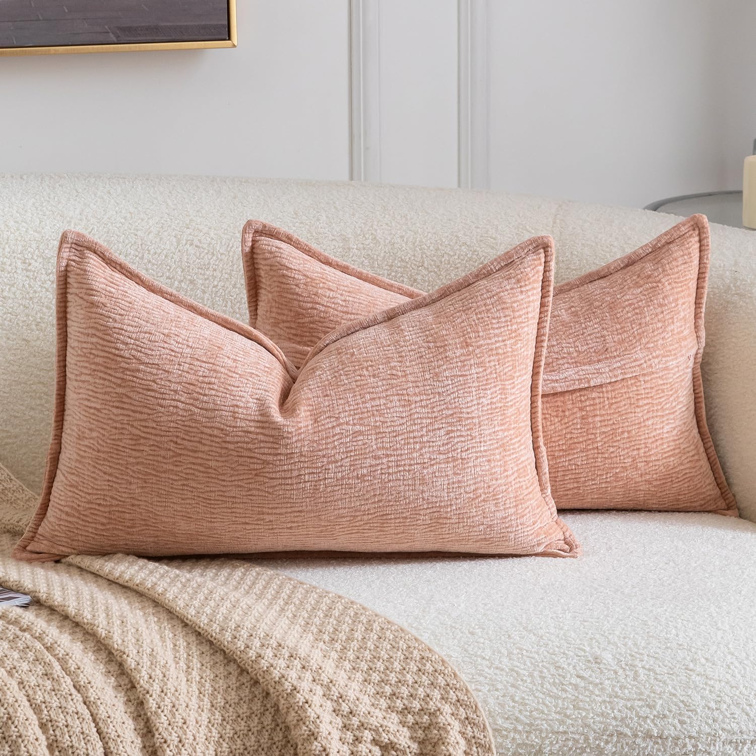 Madizz Pack of 2 Decorative Cushion Covers Soft Chenille Throw Pillows Solid Textured Throw Pillow Covers for Couch Sofa Bedroom Living Room 30x50 CM, Peach