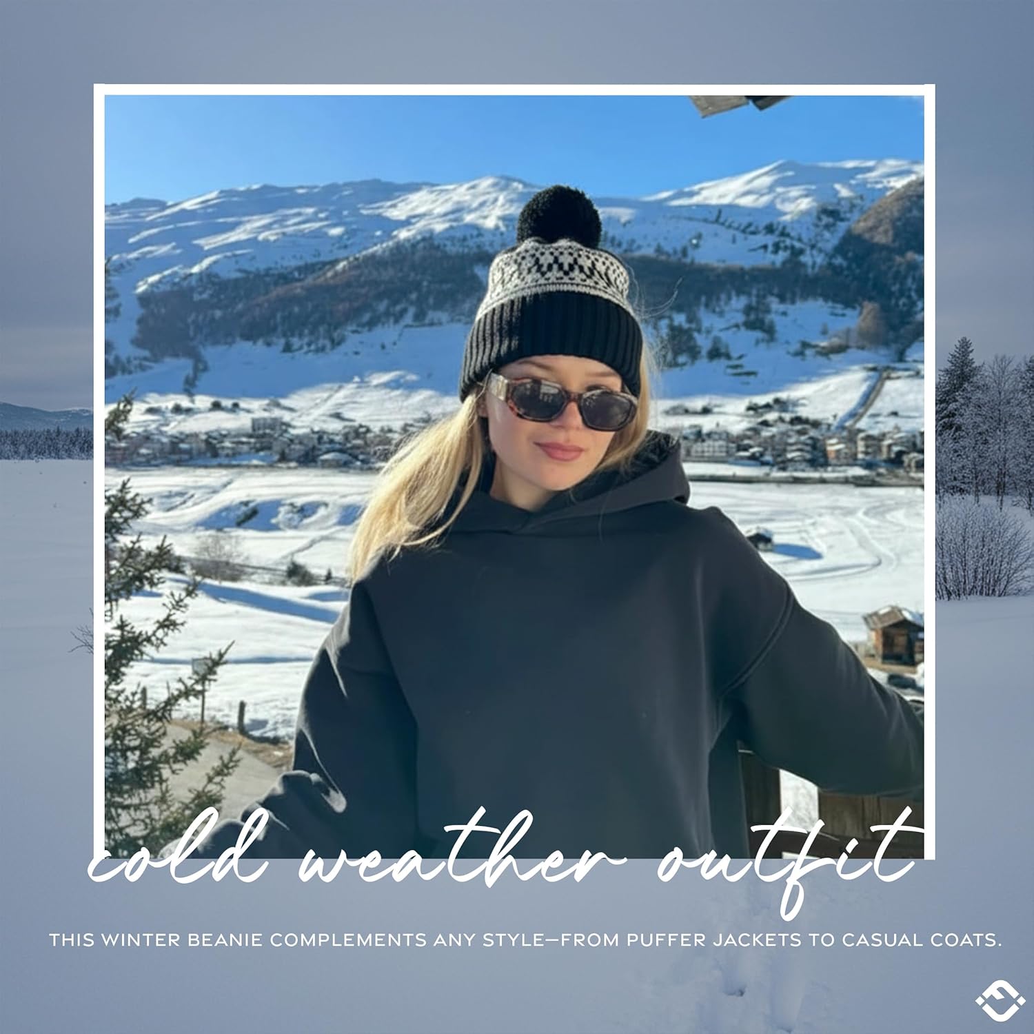 Funky Junque Women’s Knit Pom Beanie – Cozy Womens Winter Hat, Apres Ski Cold Weather Beanies with Geometric and Cross Design - Image 3